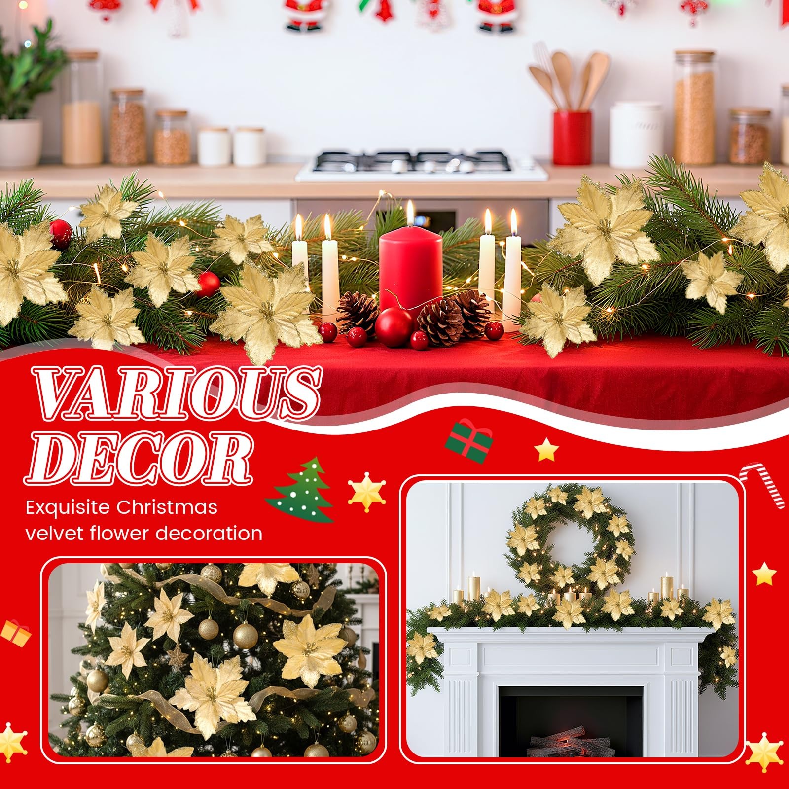 24 PCS Gold Glitter Poinsettia Flowers 5.91/3.94 Inch Velvet Xmas Decor