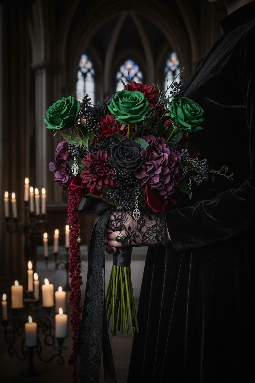 Set of 6 Green Artificial Rose Stems Emerald Green Fake Roses Gothic Wedding Flo