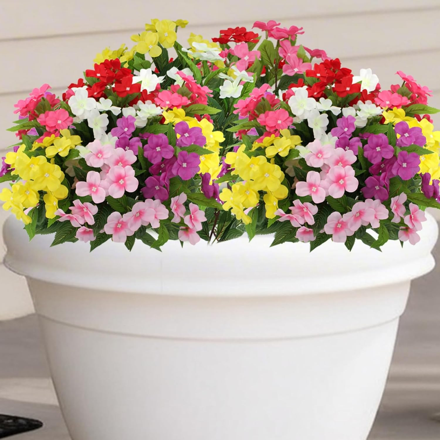 12 Bundles UV Resistant Silk Impatiens Flowers for Outdoor Garden Decor
