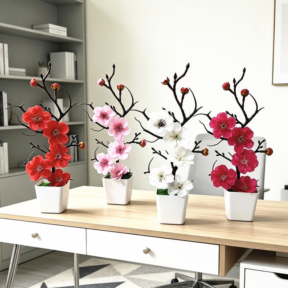 Artificial Winter Plum Blossom Potted Plant with Bare Twisted Branches