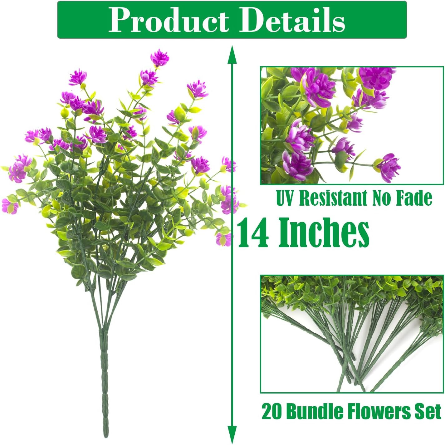 UV Resistant Purple Fake Flowers – 20 Bundles for Garden & Home Decor