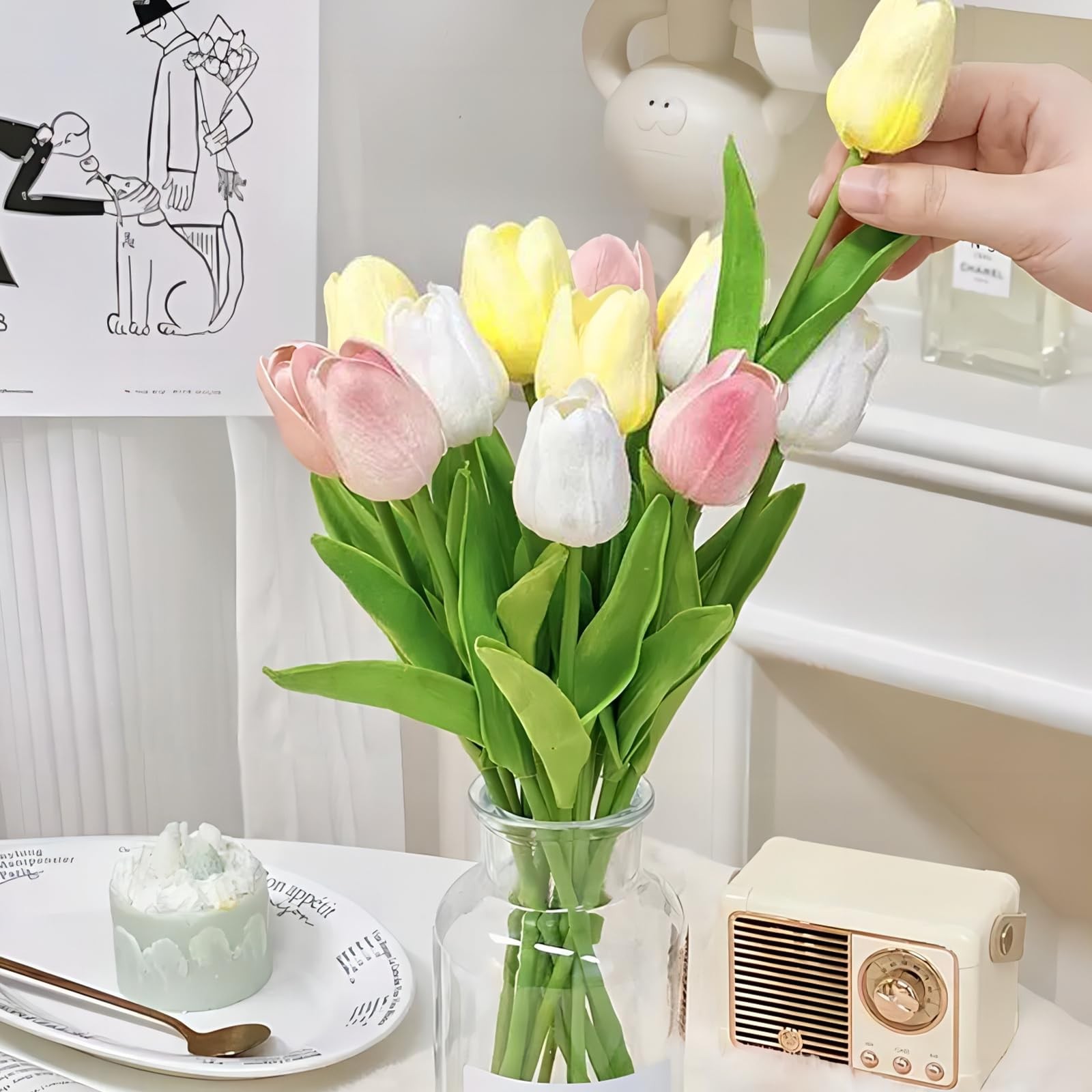 15PCS Artificial Tulips Flowers,Real Touch 14″ Silk Fake Tulips,Bulk Fake Flo…