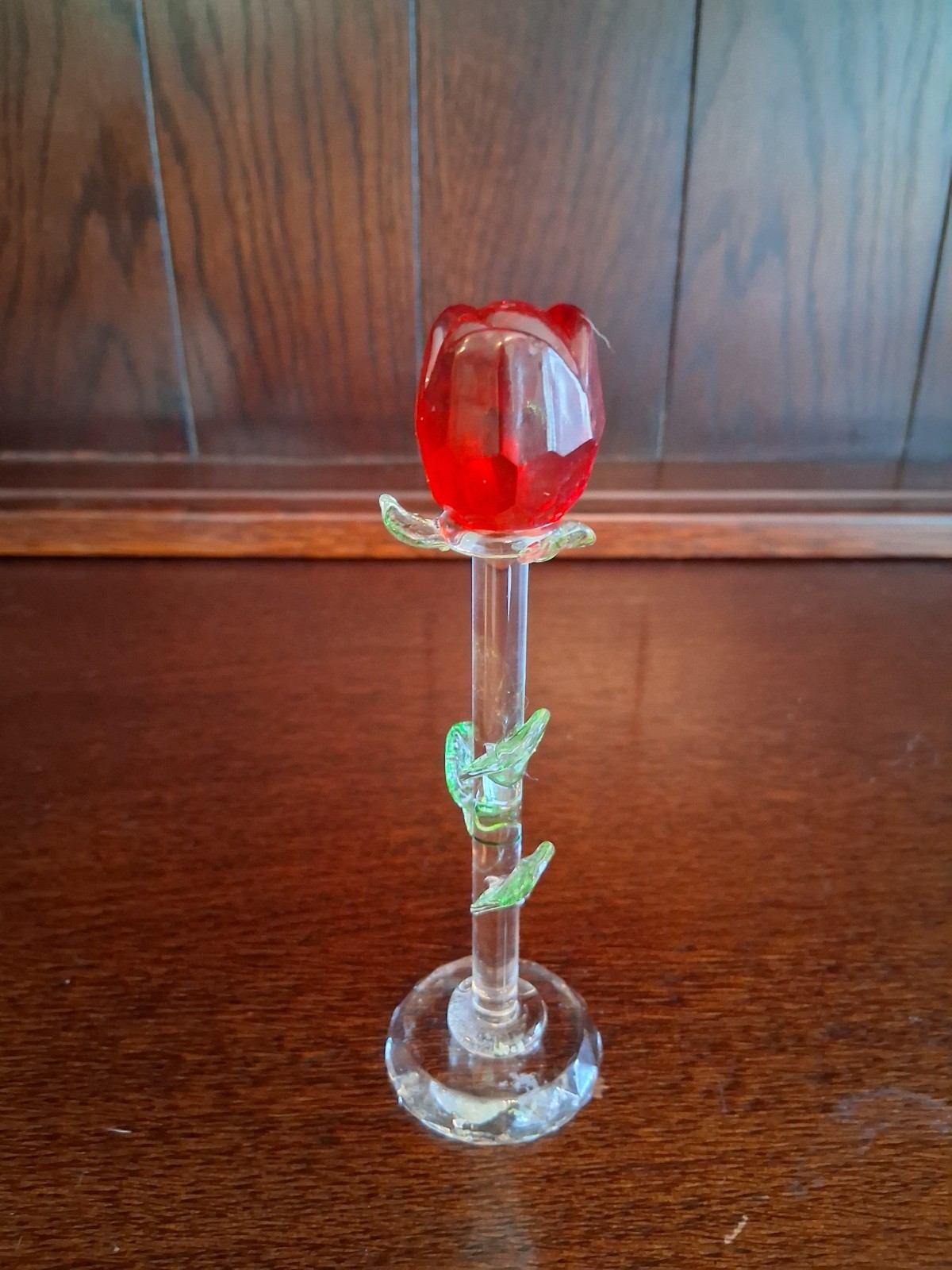 Painted Rosebud With Leaves And Clear Stem And Round Base About 5 Inches Tall