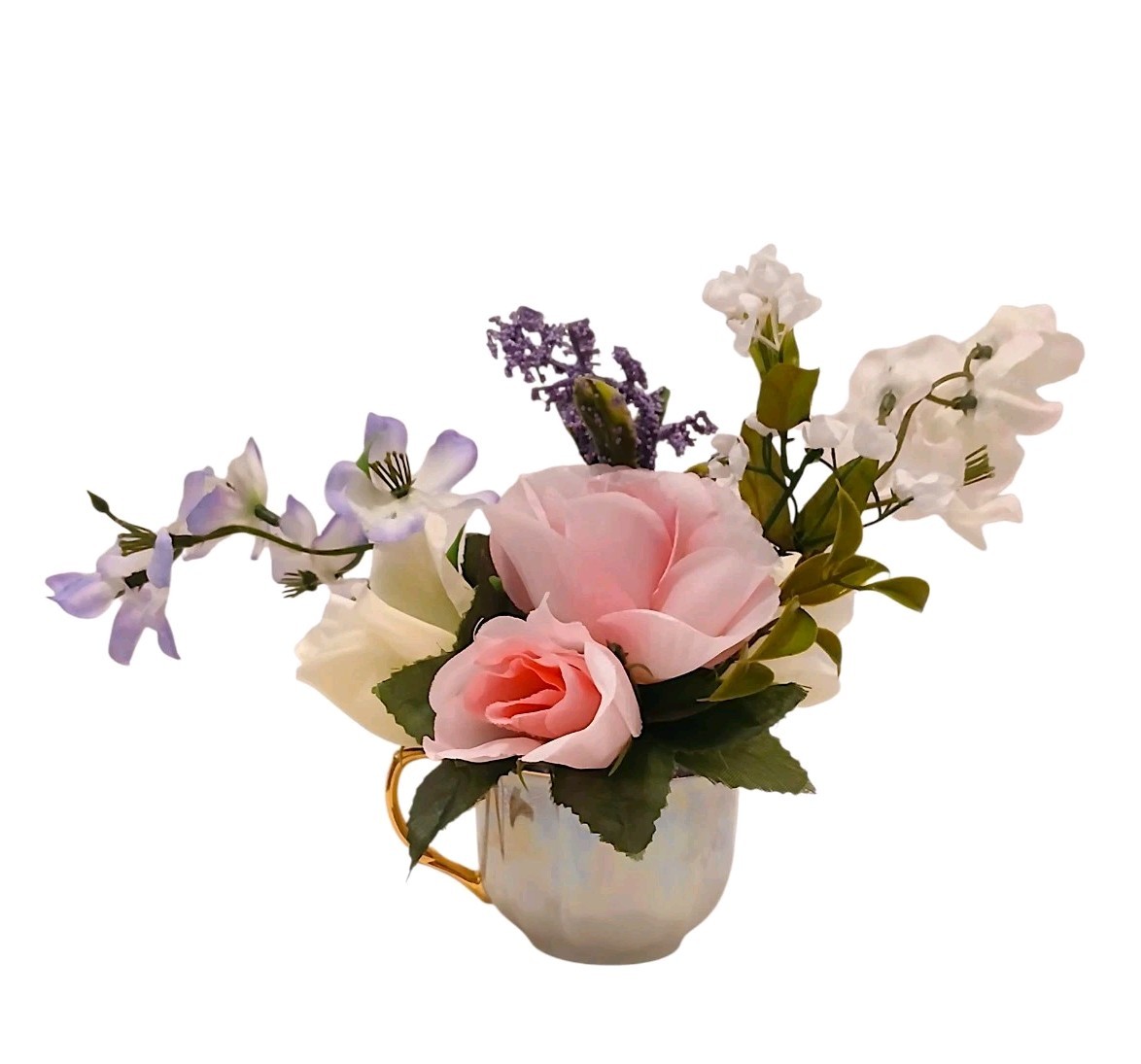 Tea Party Floral Arrangement Pink White Roses POP-IN Bridal Vanity Elegant Gift