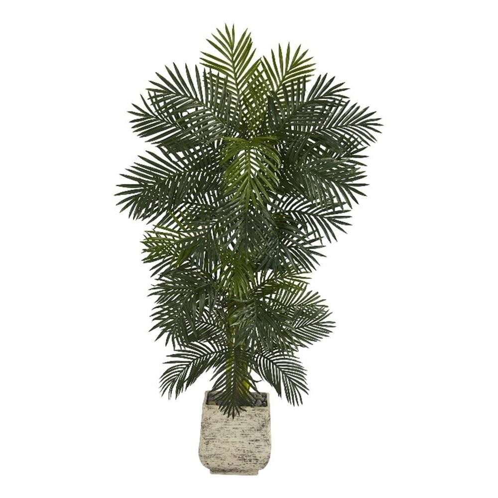 Nearly Natural 6.5ft Golden Cane Artificial Palm Tree in White Planter in Green