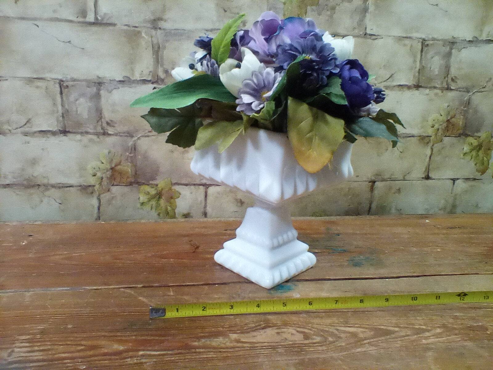 Blue Flower Arrangement in Vintage Milk Glass Pedestal Bowl 12″ Tall by 10″ Wide