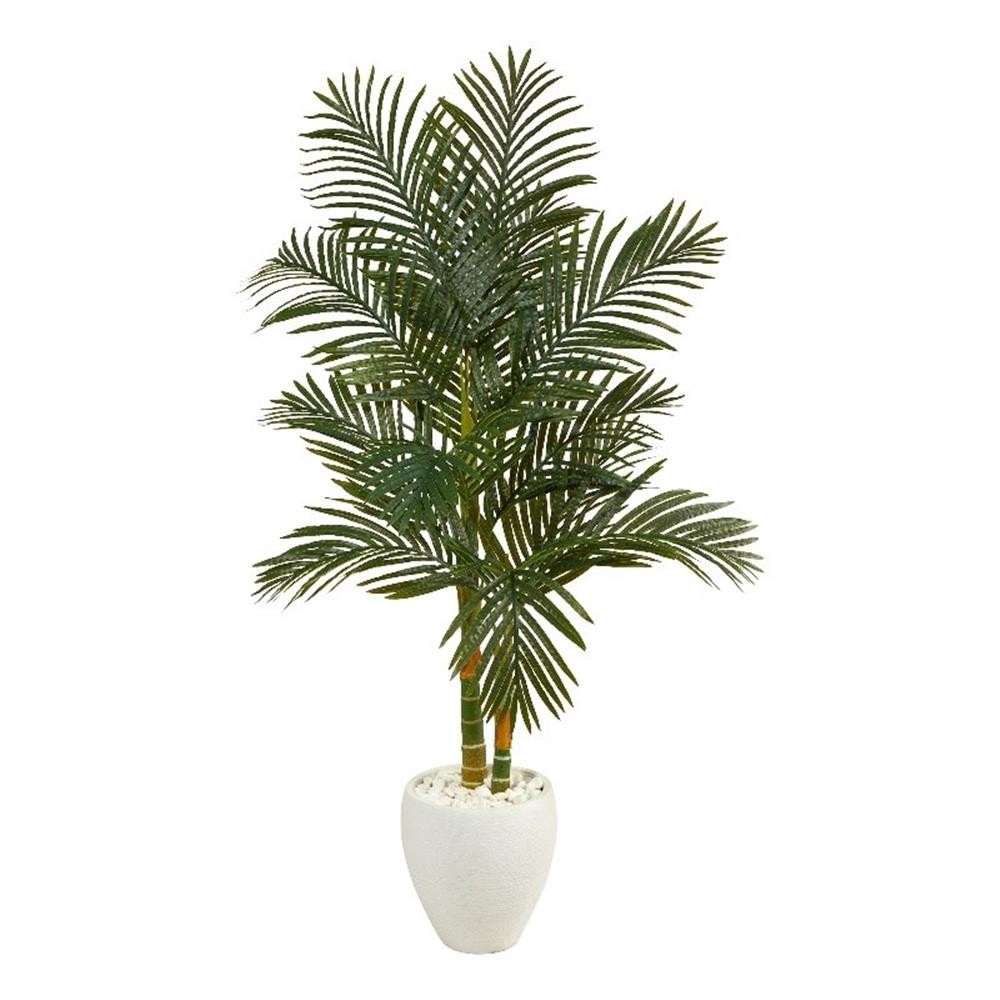 Nearly Natural 5.5ft Golden Cane Artificial Palm Tree in White Planter in Pink