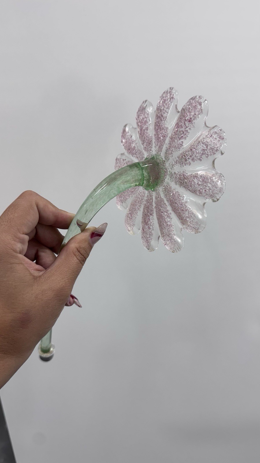 Art Glass Daisy Flower Arrangement Centerpiece, Pink Green Clear Bowl Base