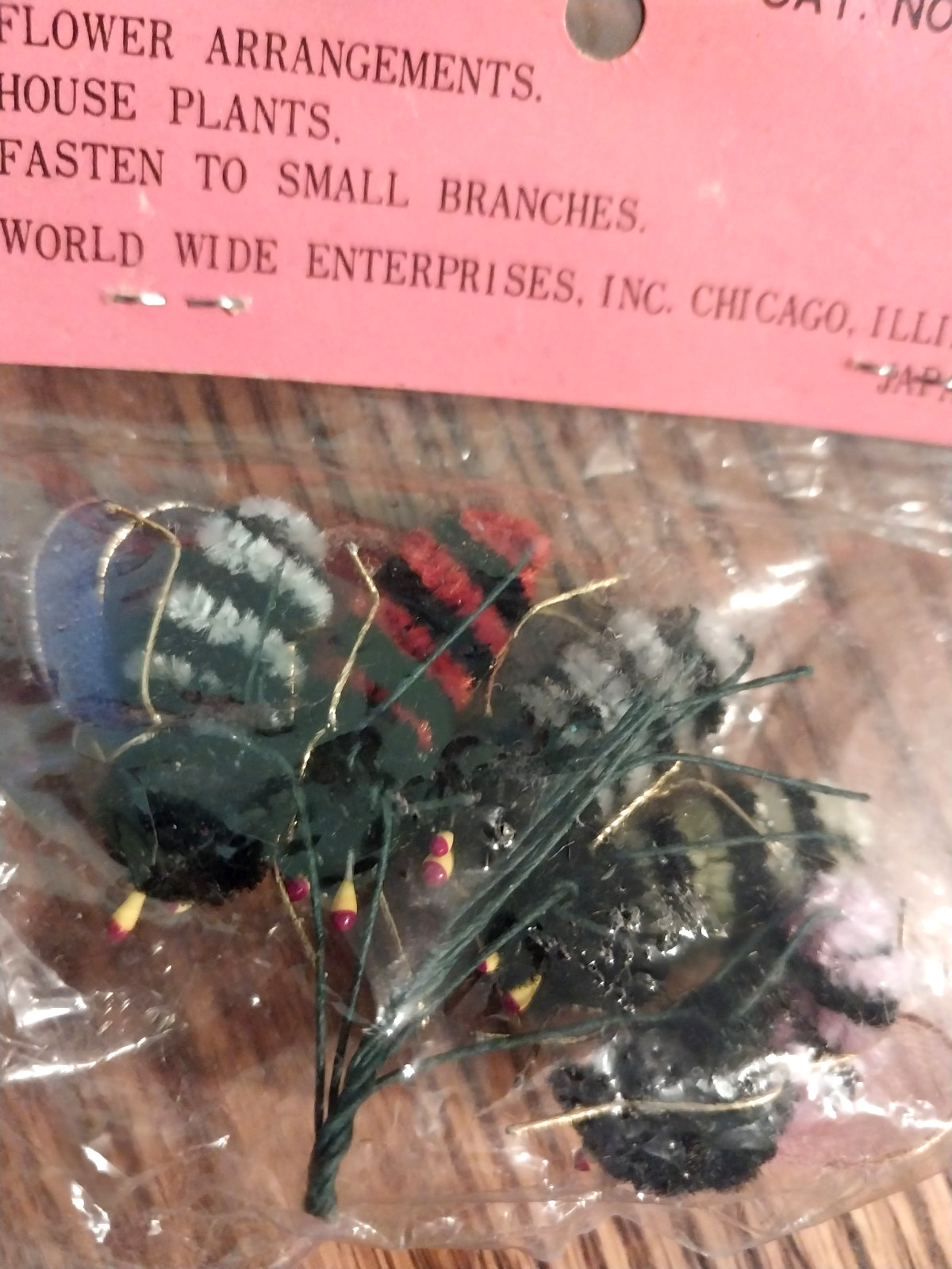 Vintage Busy Bee Japan Chenille Wire Decorations Floral Arrangement NOS 2 Packs