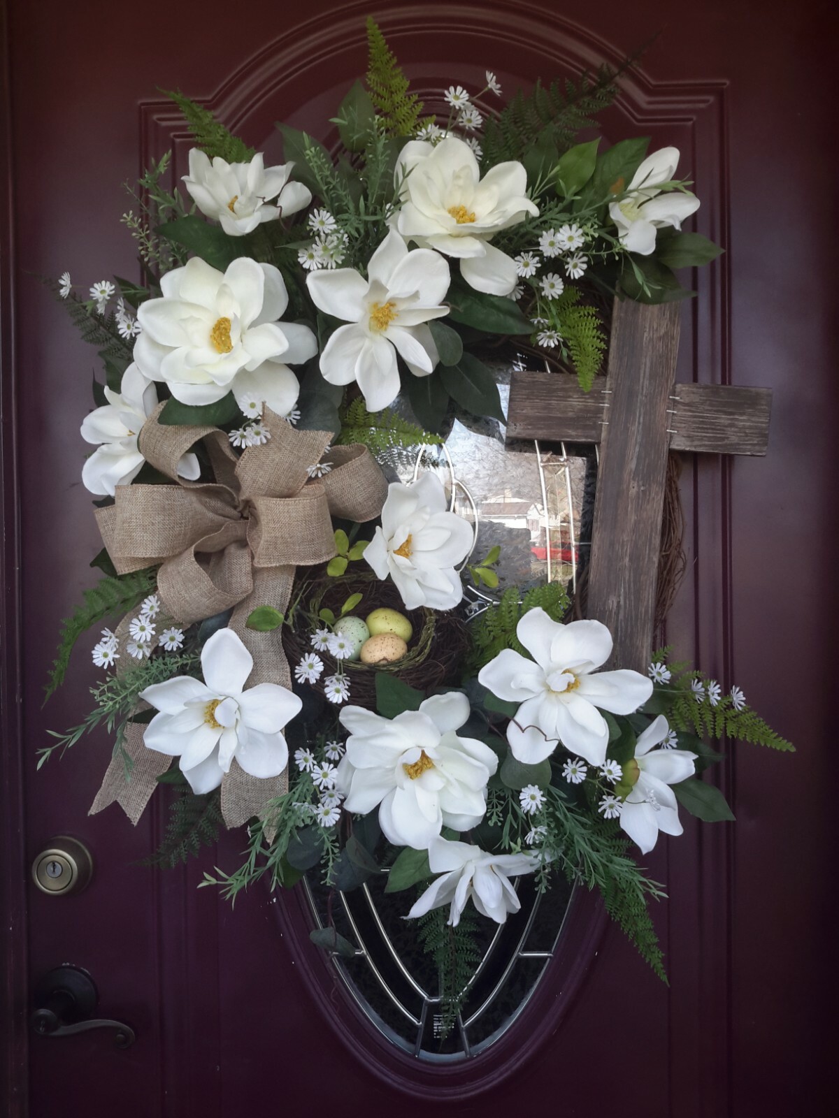 Spring Flower Wreath Easter Cross Door Wall Decor Magnolia Bird Nest Wreath