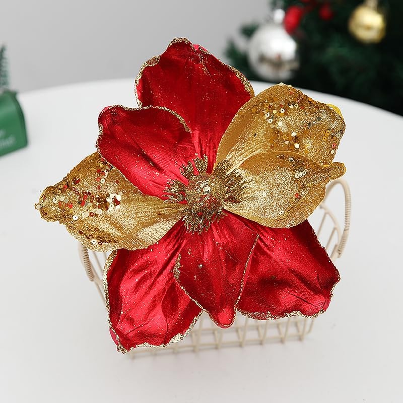 8 Pcs Christmas Tree Magnolia Flowers Ornament Glitter Red Gold 8.26 Inch