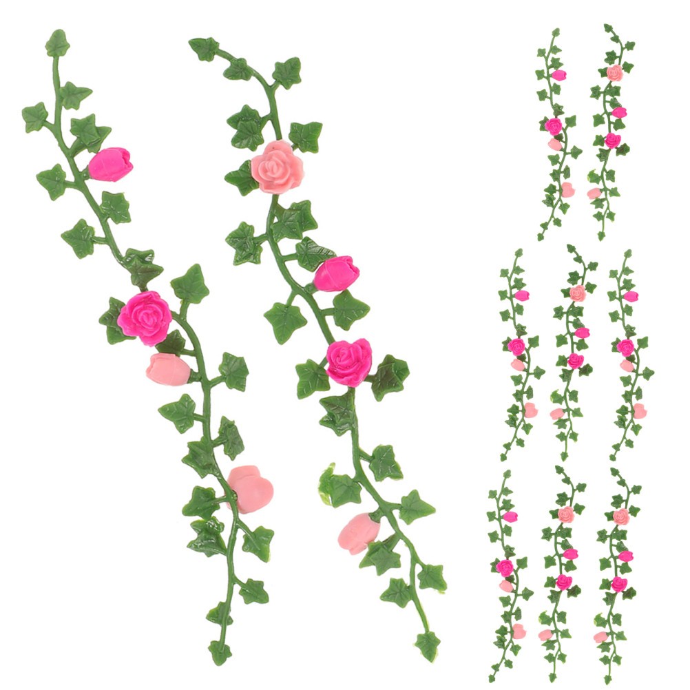 10Pcs Reusable Dollhouse Green Rose Vines with Realistic Mini Climbing Flowers