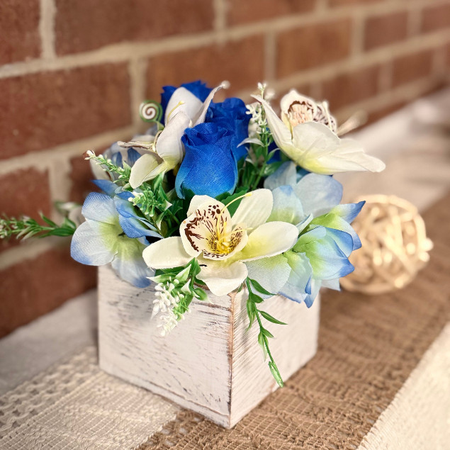 Blue White Rose Floral Centerpiece Wooden Box Faux Flower Arrangement Home Decor