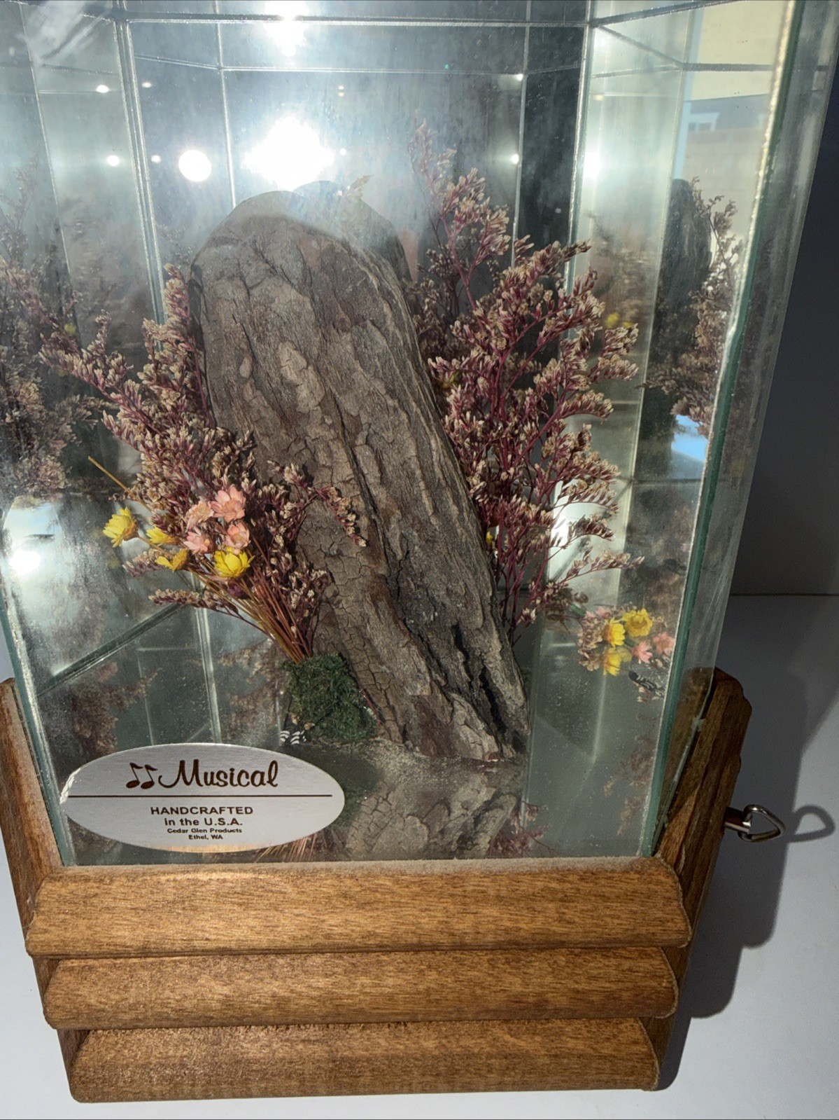 Vintage Artificial Flower And Tree Bark Glass Mirrored Music Box on Wood A Base.