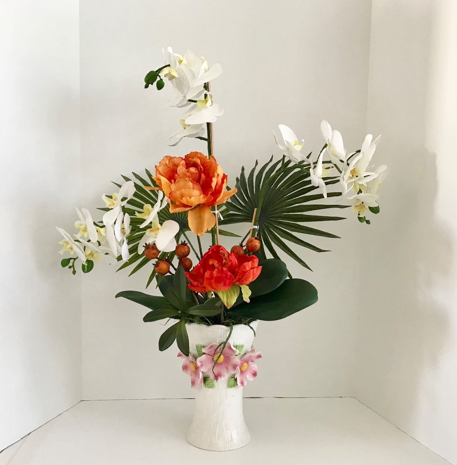 Decorative White Silk Orchids and Orange Roses with Palm Branchs Green Foliage