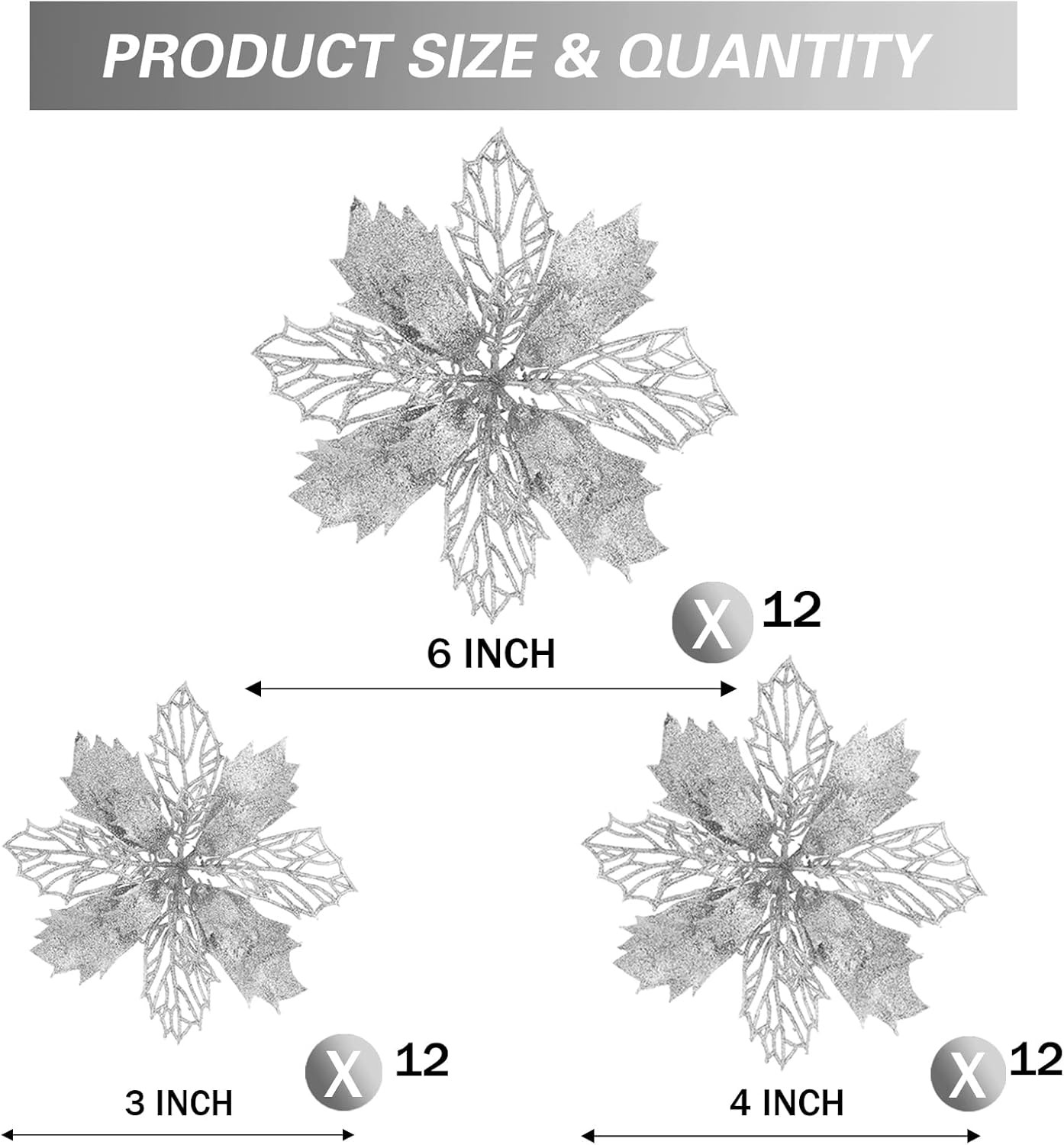 36pcs Glitter Poinsettia Flowers Artificial – Silver Poinsettia Christmas Silver