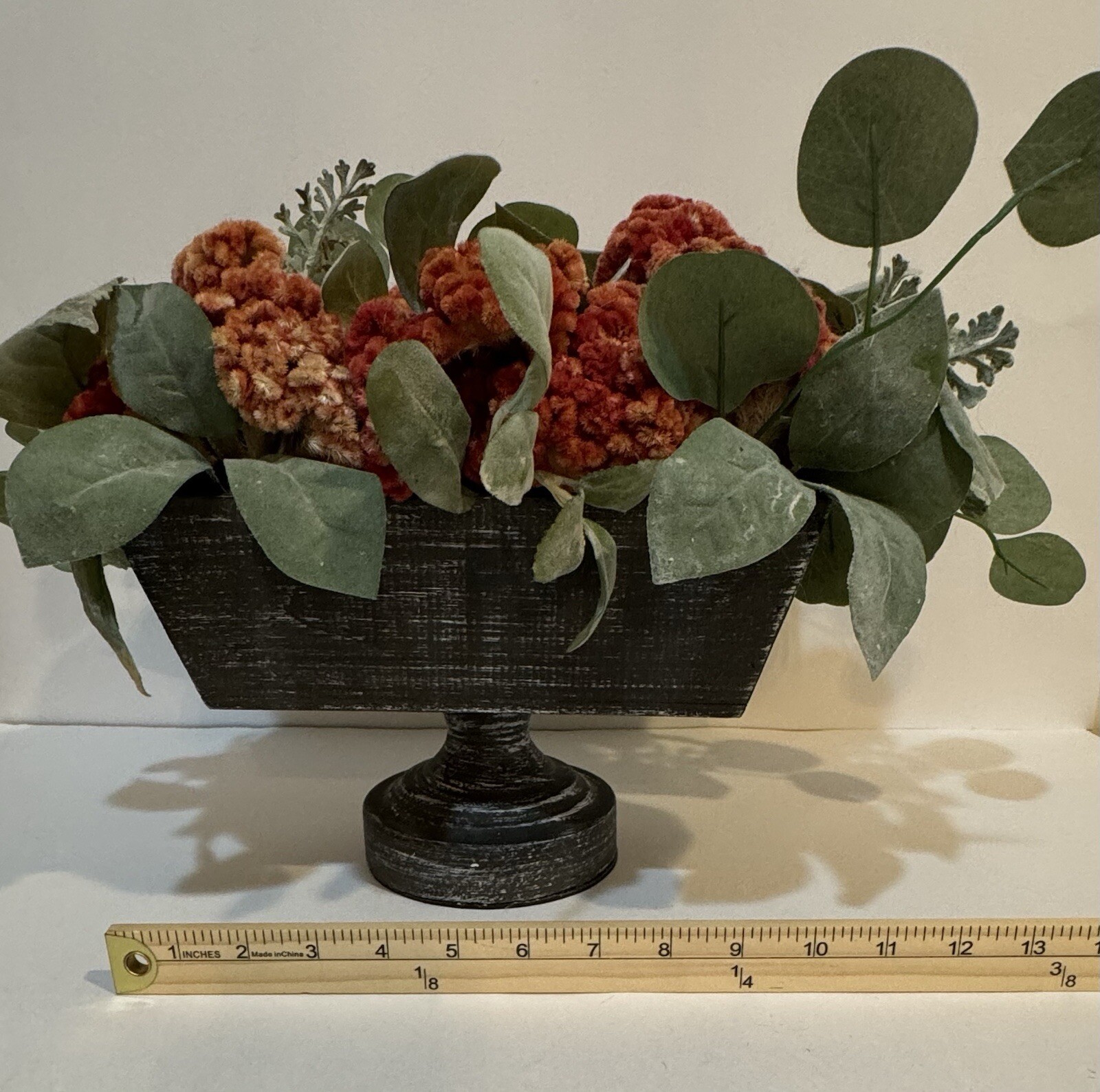 Orange Dried Floral Centerpiece Decor & Faux Green Leaves Metal Base Wooden Box