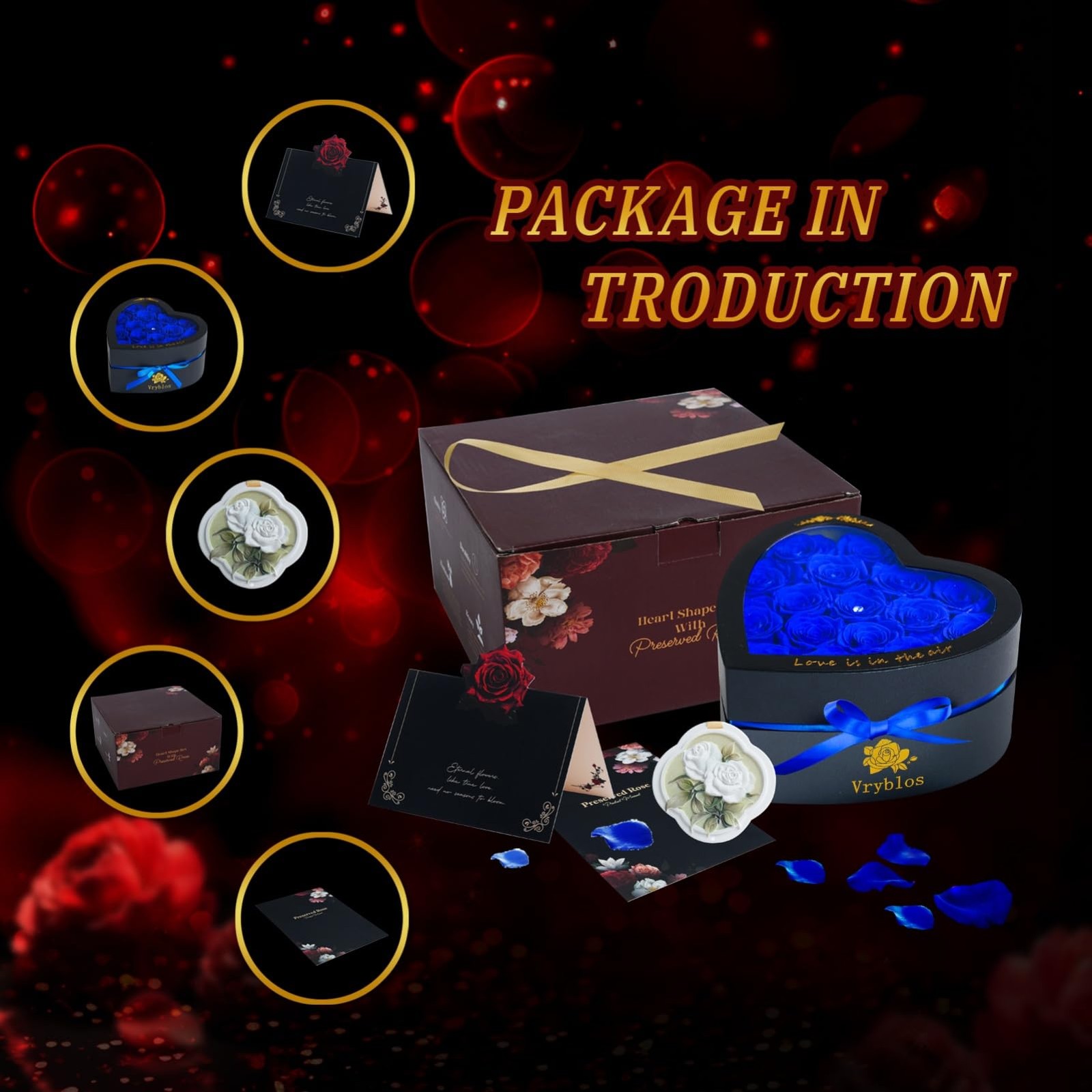Vryblos Forever Blue Roses in a Box Heart Shaped 16 Preserved Flowers for