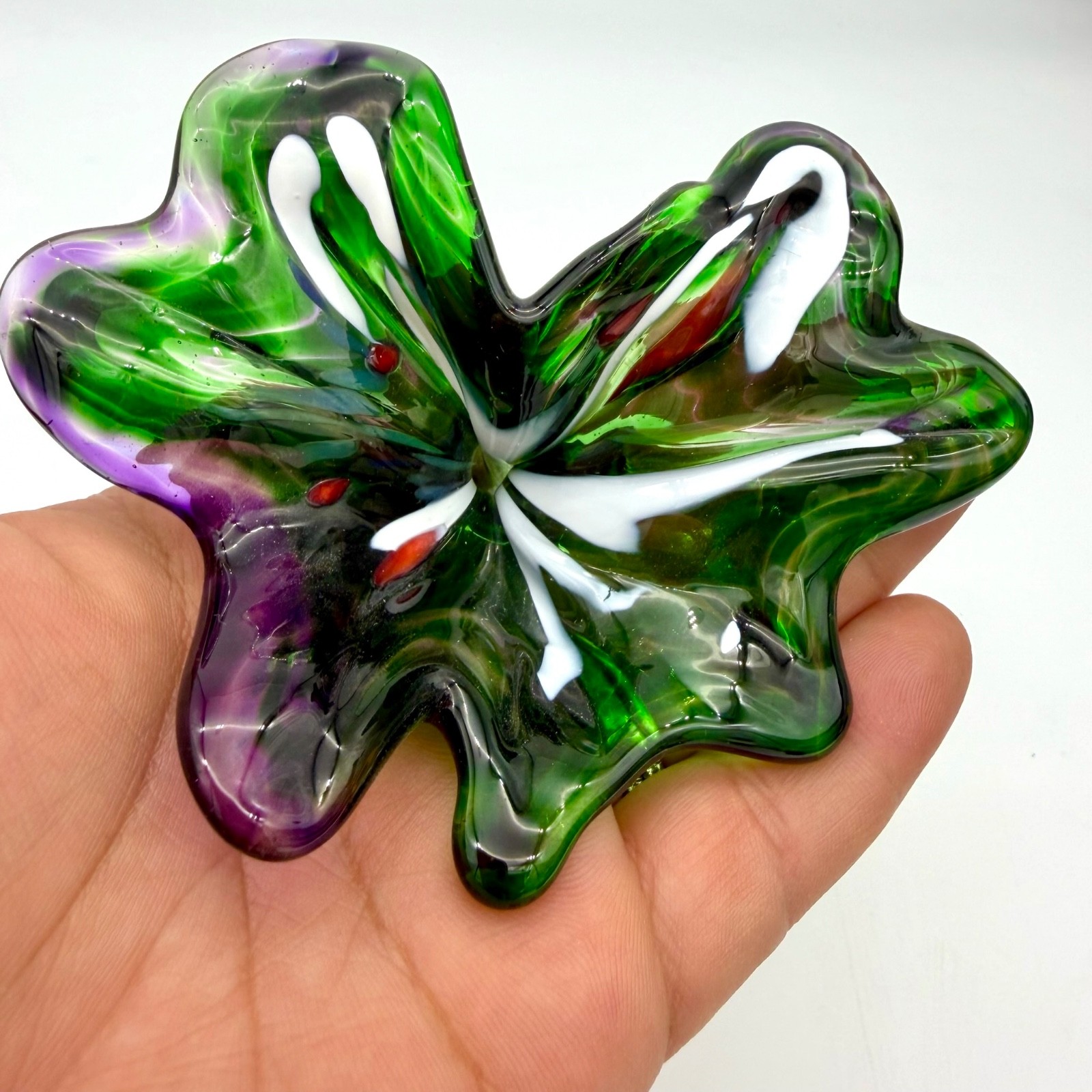 Vtg Hand Blown Art Glass Flowers Murano Style Green Purple Yellow Frit Set 2