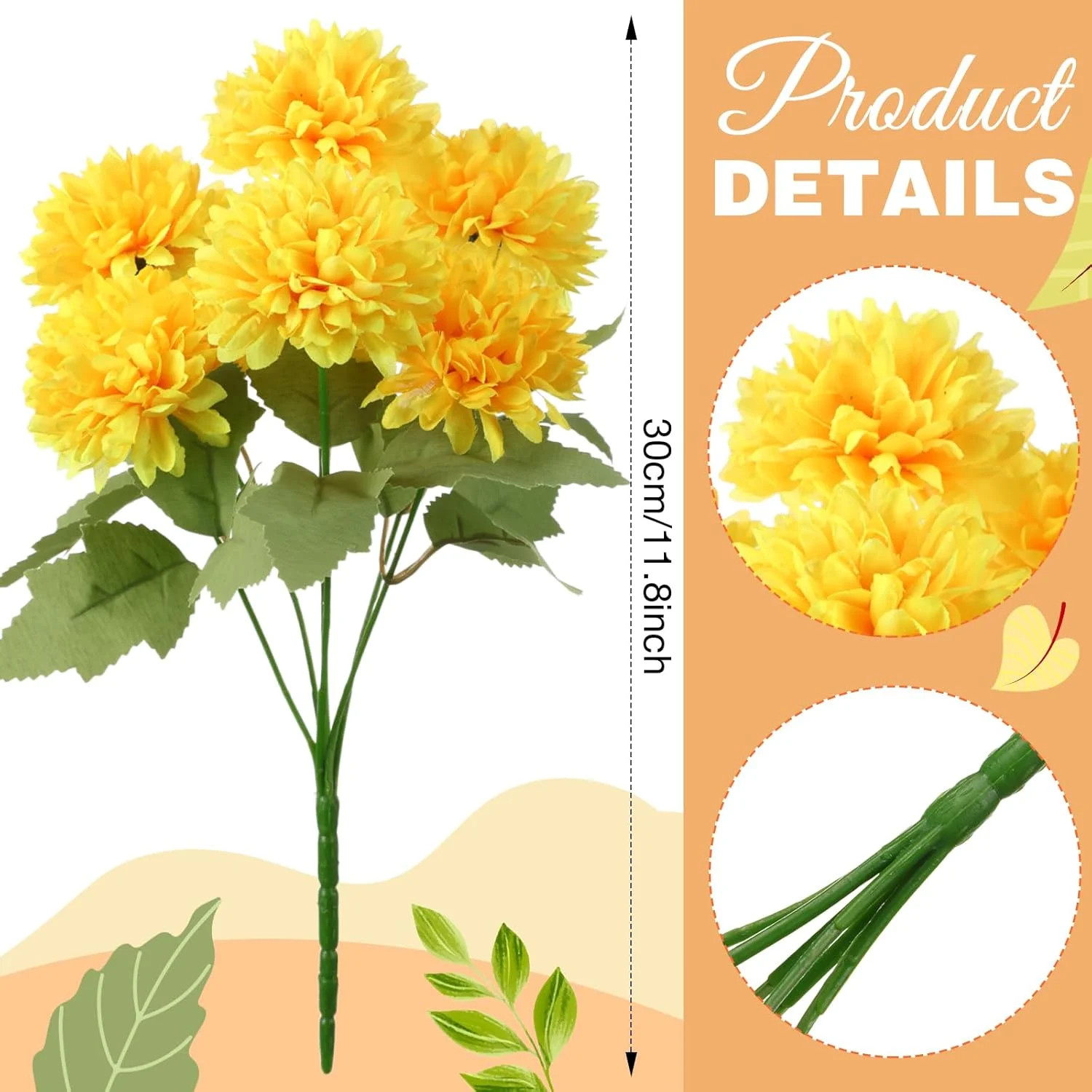 12 Pcs Fall Faux Chrysanthemums for Autumn Garden Decor – Light Yellow & Orange