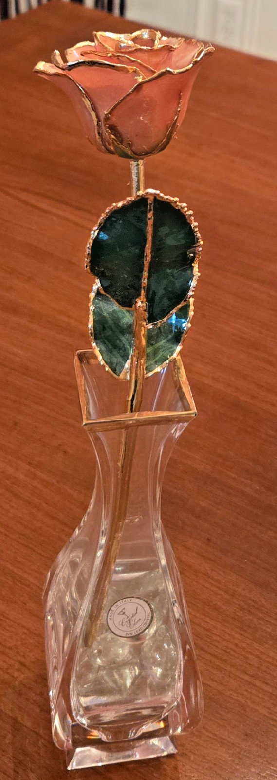 24K Gold Dipped Lacquered Pink Rose with Italian Lead Crystal Bud Vase EXCELLENT