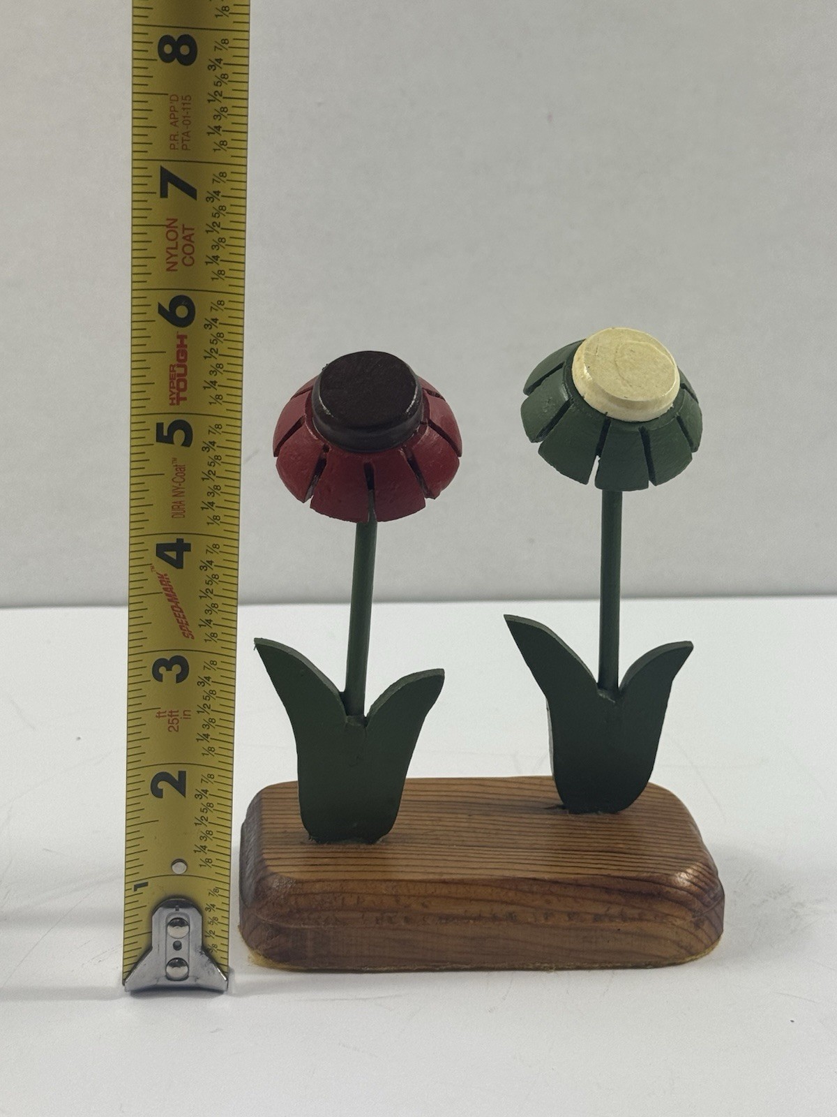 Vintage Wooden Flower Figurines Set x 2 Hand Painted Folk Art Floral Shelf Decor