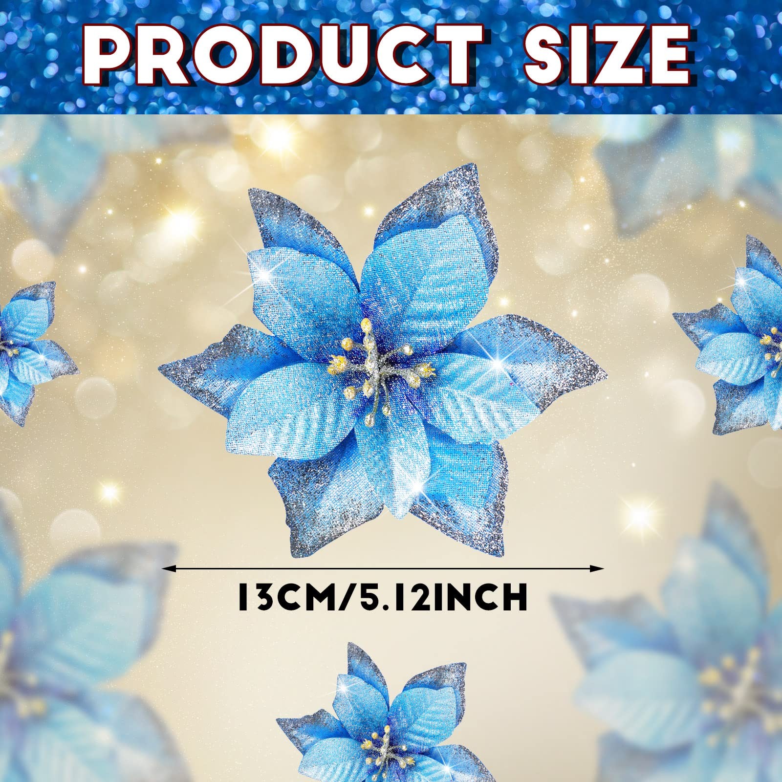 45 PCS Christmas Poinsettia Decorations Glitter Tree Flowers 5 Inch Blue