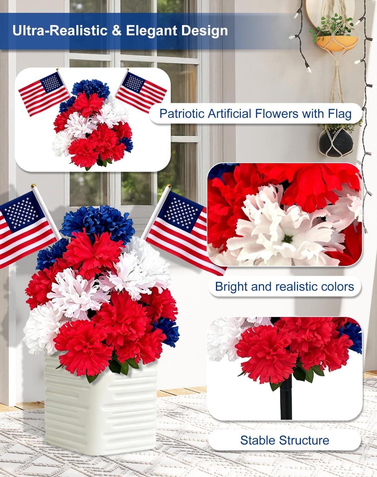 2 Pack 20″ Patriotic Red White Blue Artificial Flowers with Ground Stakes | UV R