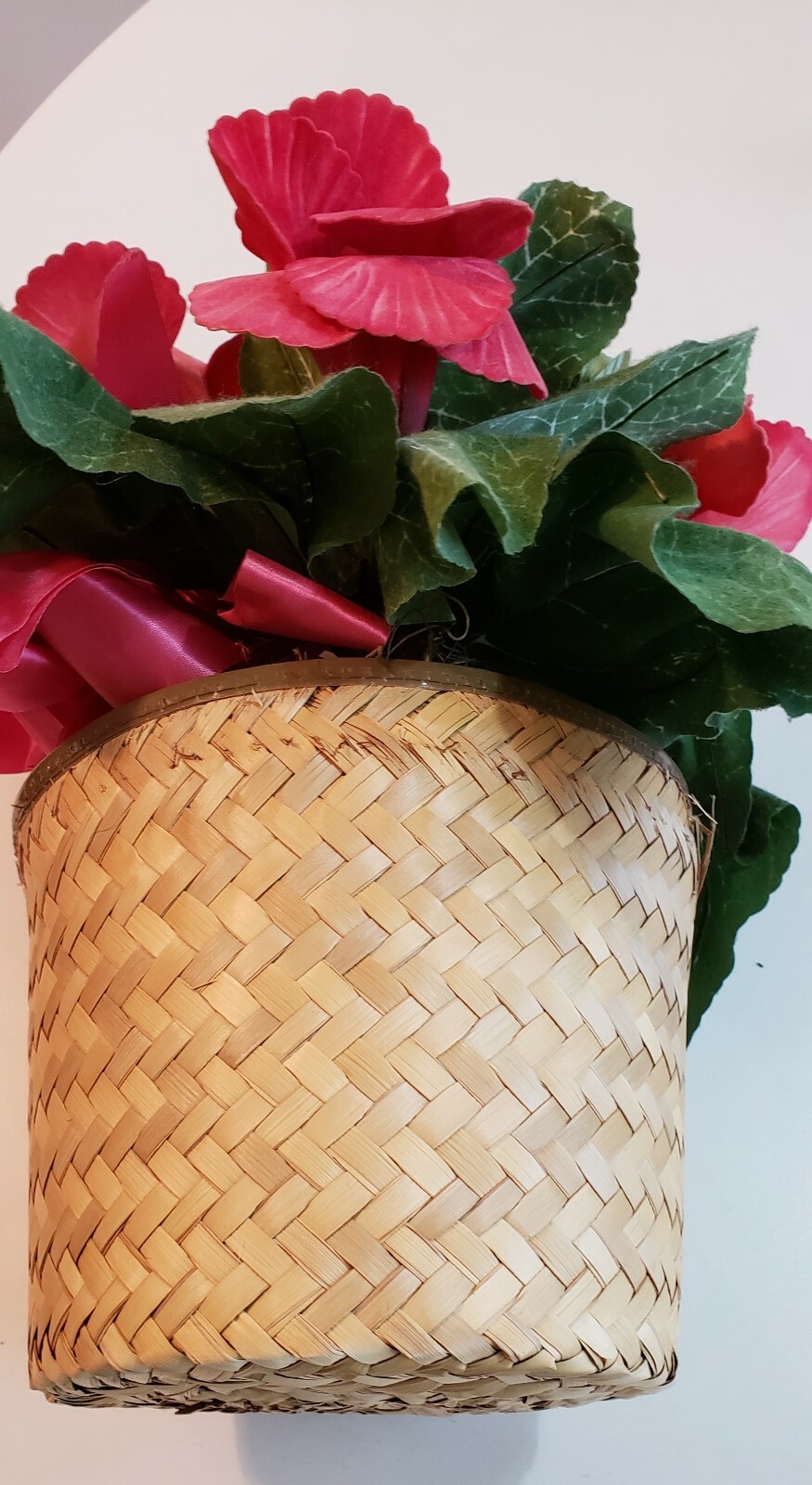 Artificial House Plant in Woven Basket Pink Flower Blooms Floral Decor Unusual