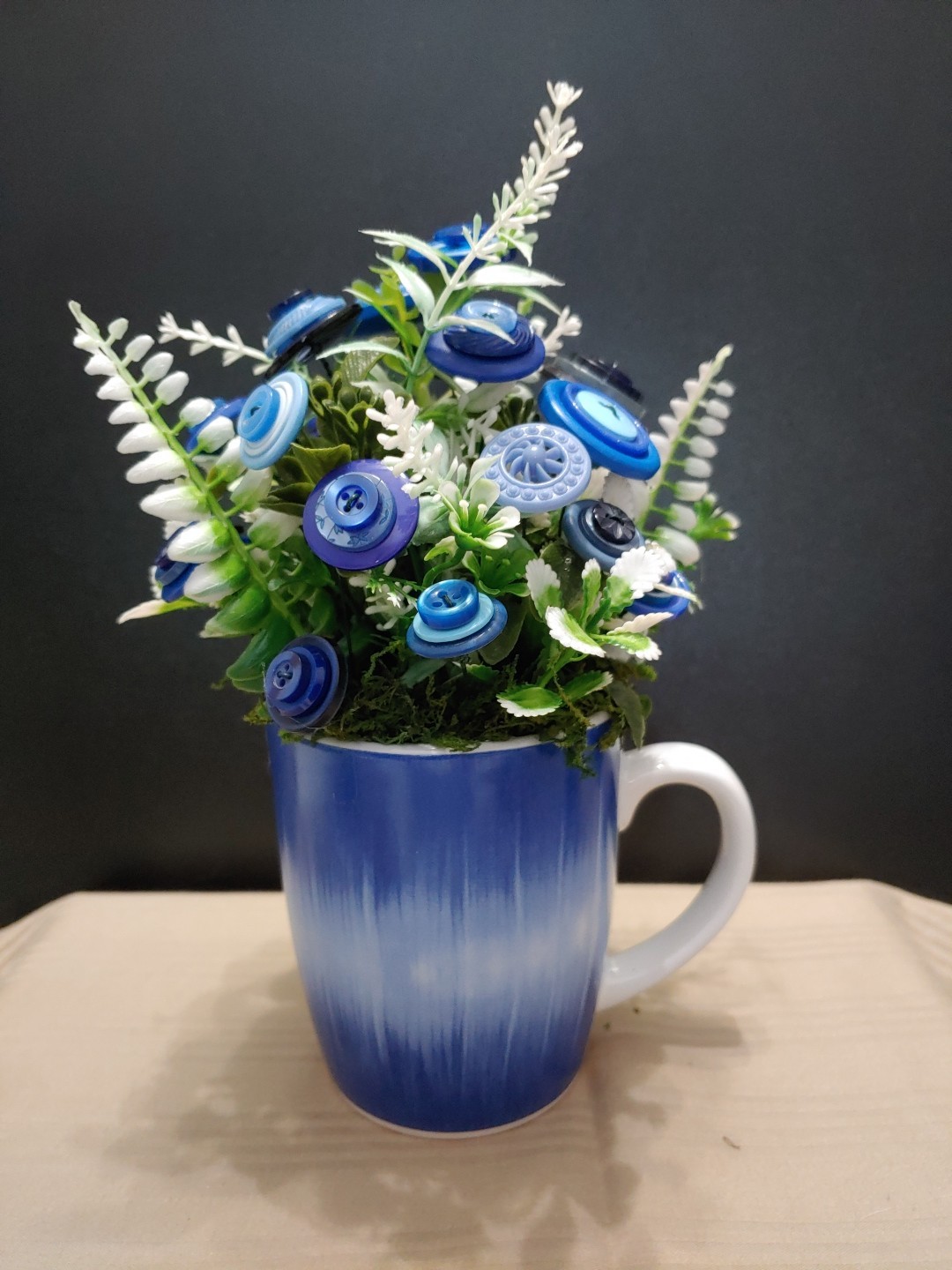 Blue Button Flower Bouquet With Greenery In Blue White Coffee Mug Vintage Button