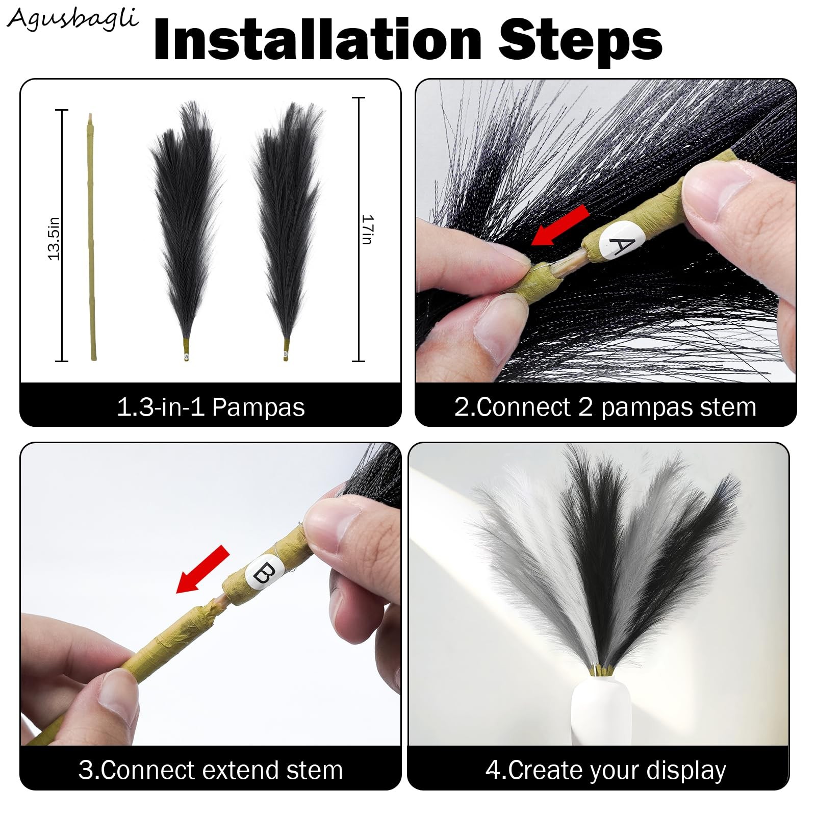 8 Pcs Black Faux Pampas Grass Decor 35“ Fluffy Tall Artificial Colored Pampas…