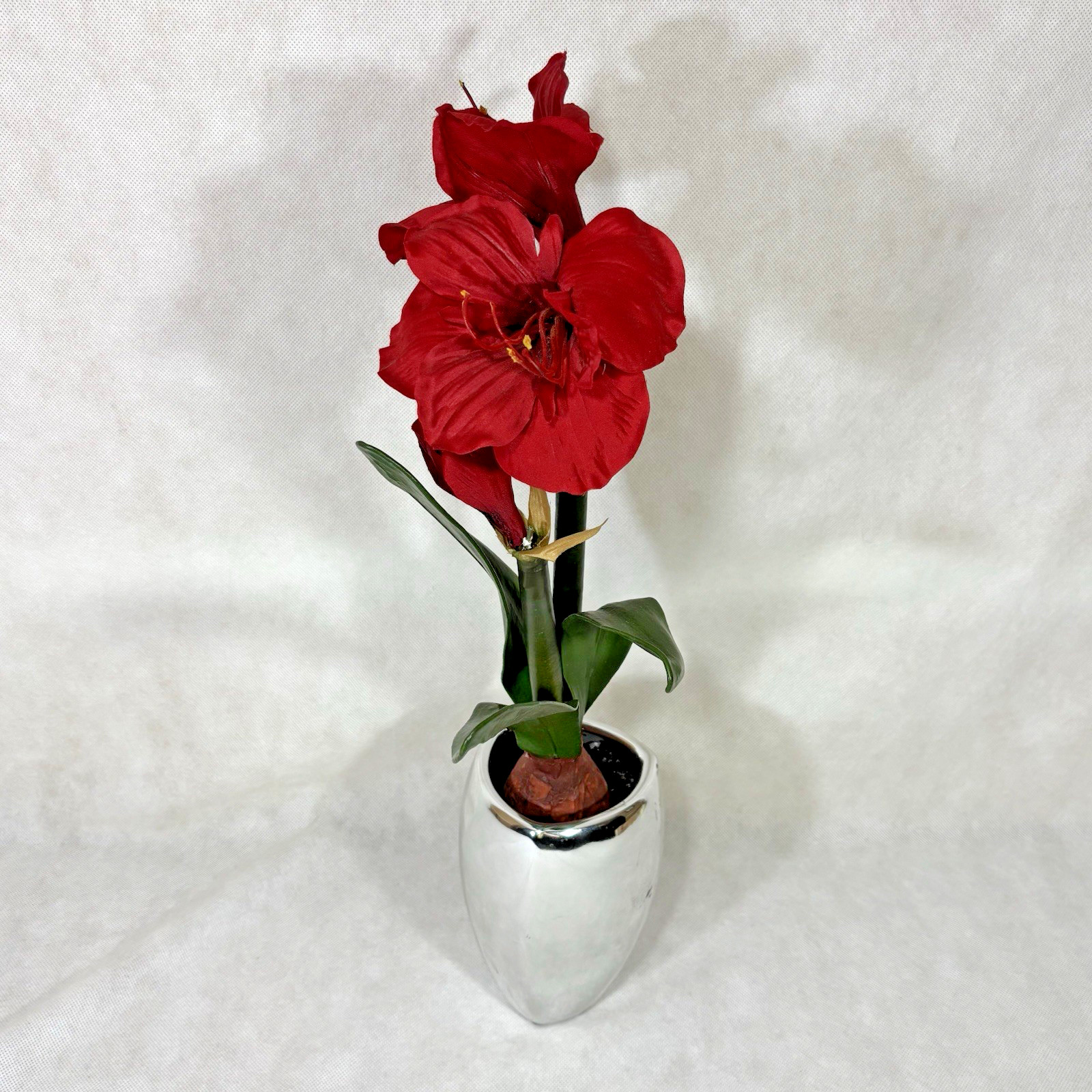 Metallic Chrome Ceramic 7″ Planter Vase w/ Faux Flower Display Floral