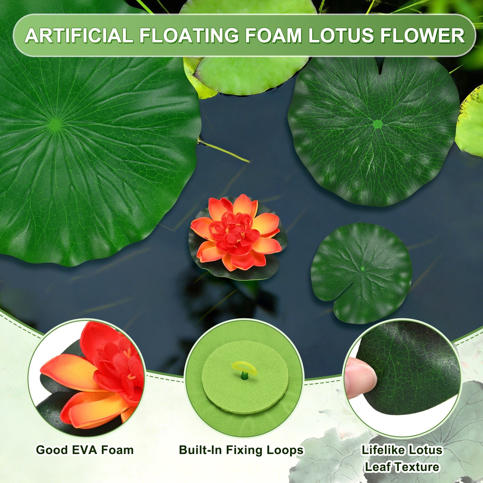 1-Set Artificial Foam Lotus Flower with Water Lily Pads, 4/7/11″ [Orange]