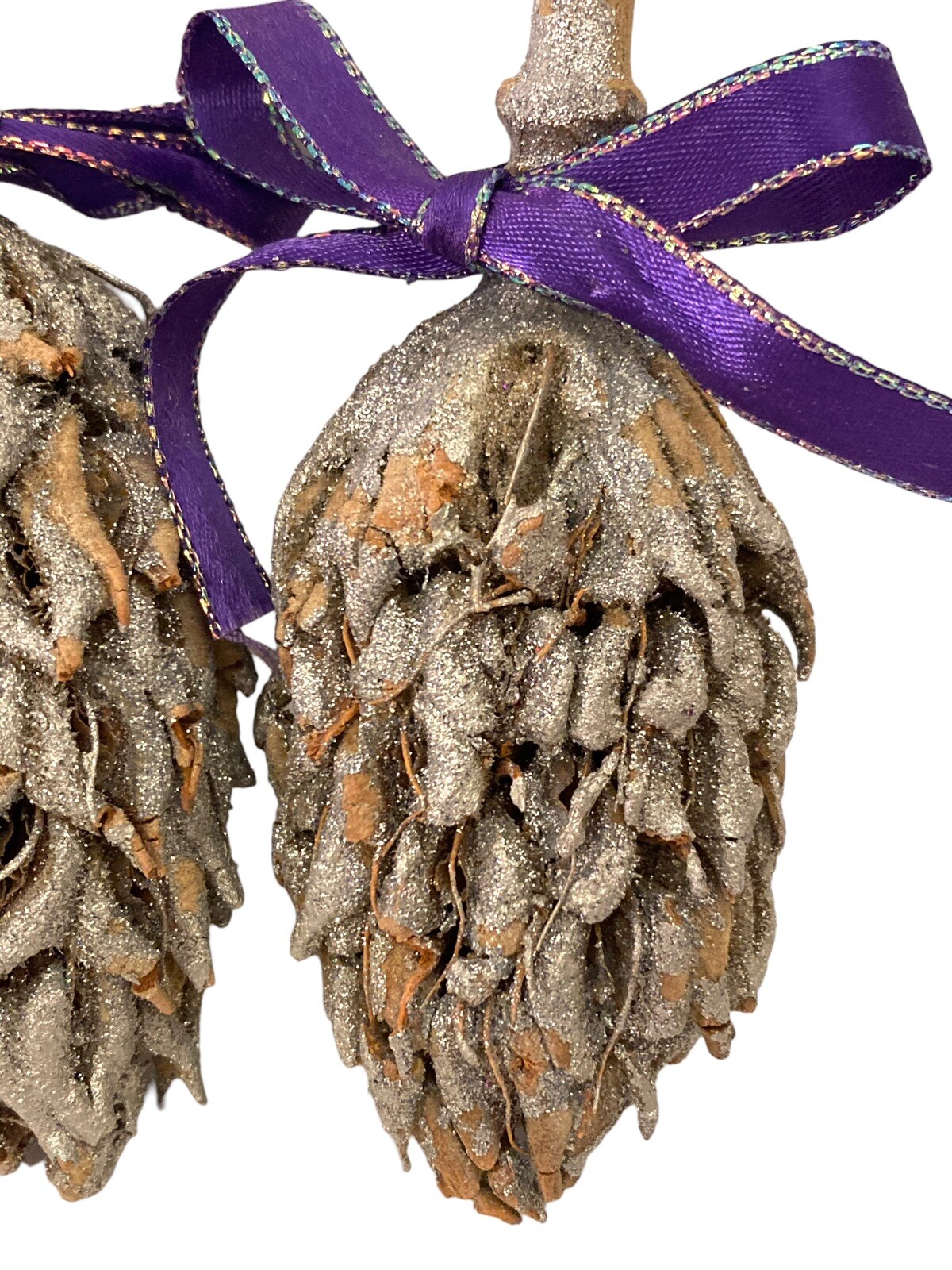 13 Magnolia Seed Pods Decor Silver Glittered Purple Ribbon Bows