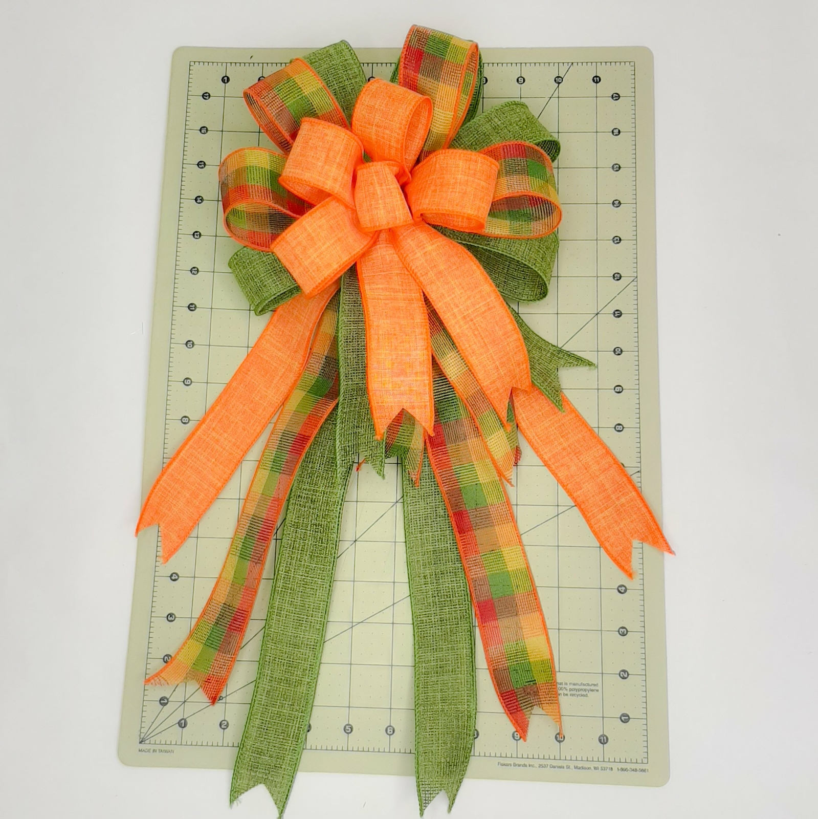 Wreath Bow, Fall, Plaid with Orange and Moss Green