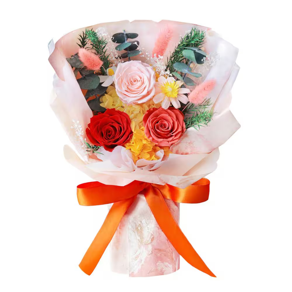13.1 In. Orange Artificial Preserved Rose Bouquet-Includes Gift Box and Greeting
