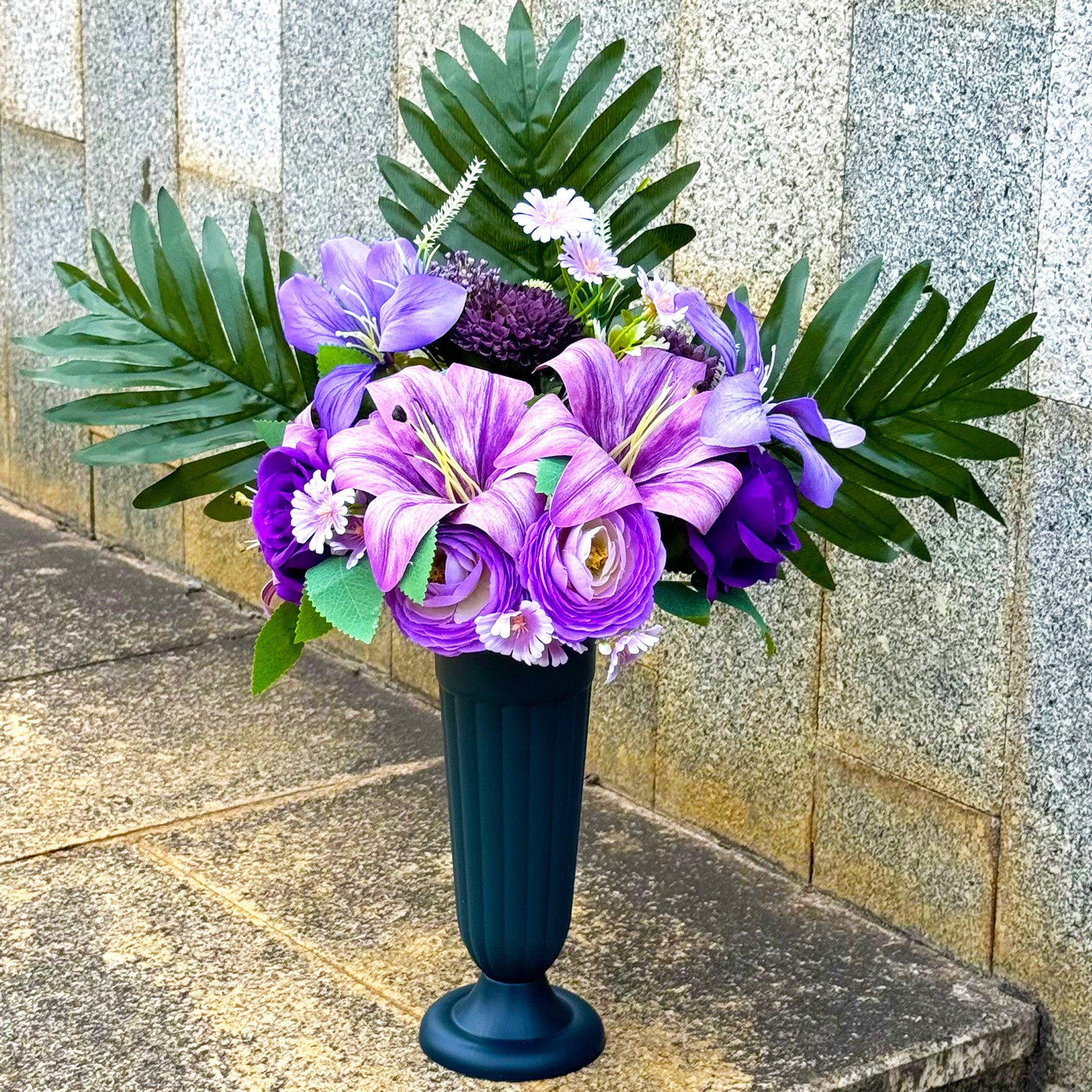 Artificial Cemetery Flowers Bouquet with Vase Grave Pre-Made Memorial Home Decor