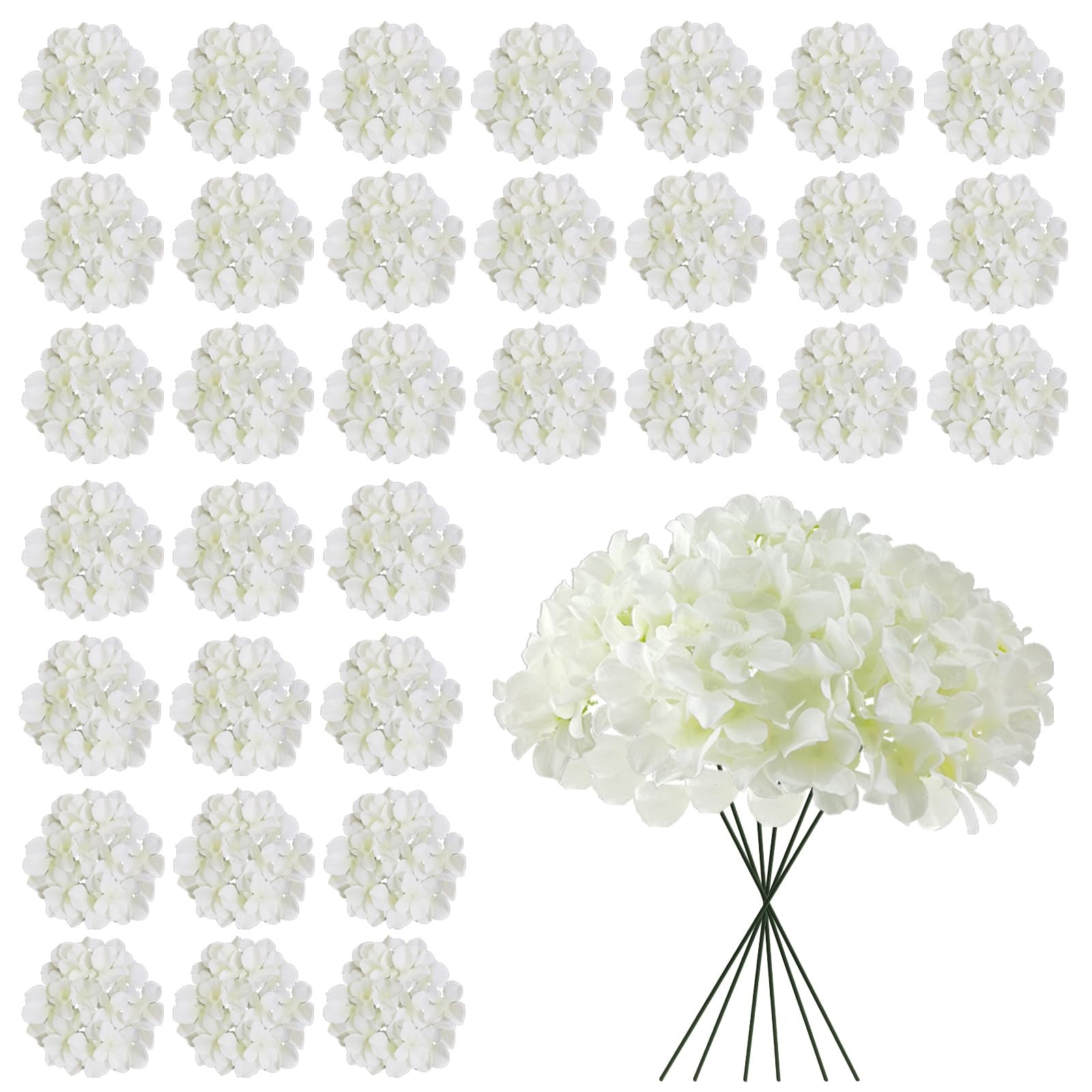 Bulk White Artificial Hydrangea Flowers, 30 Pcs Faux Silk Heads with Stems