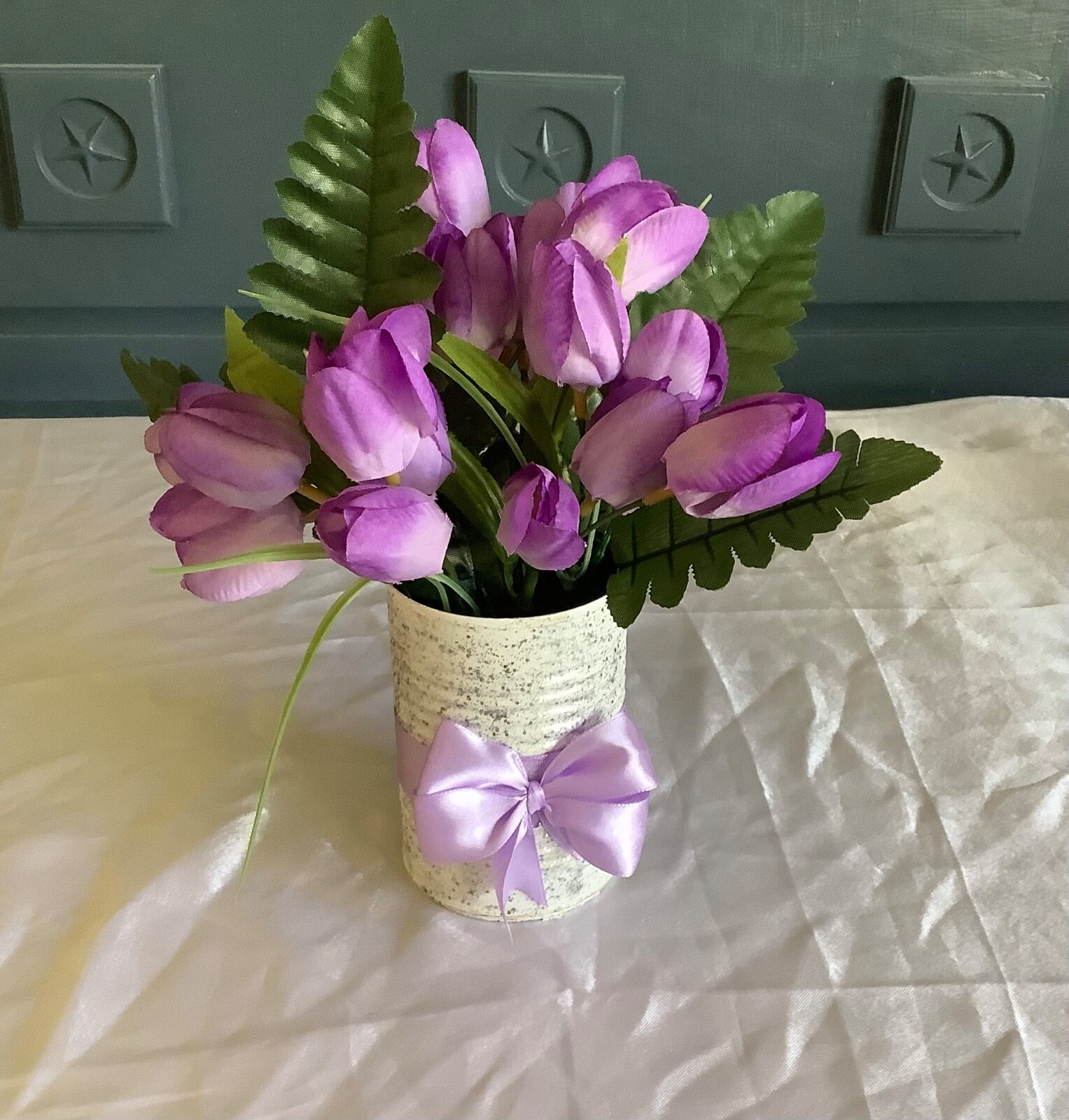 Spring/easter purple tulip centerpiece with glitter and painted upcycled tin can