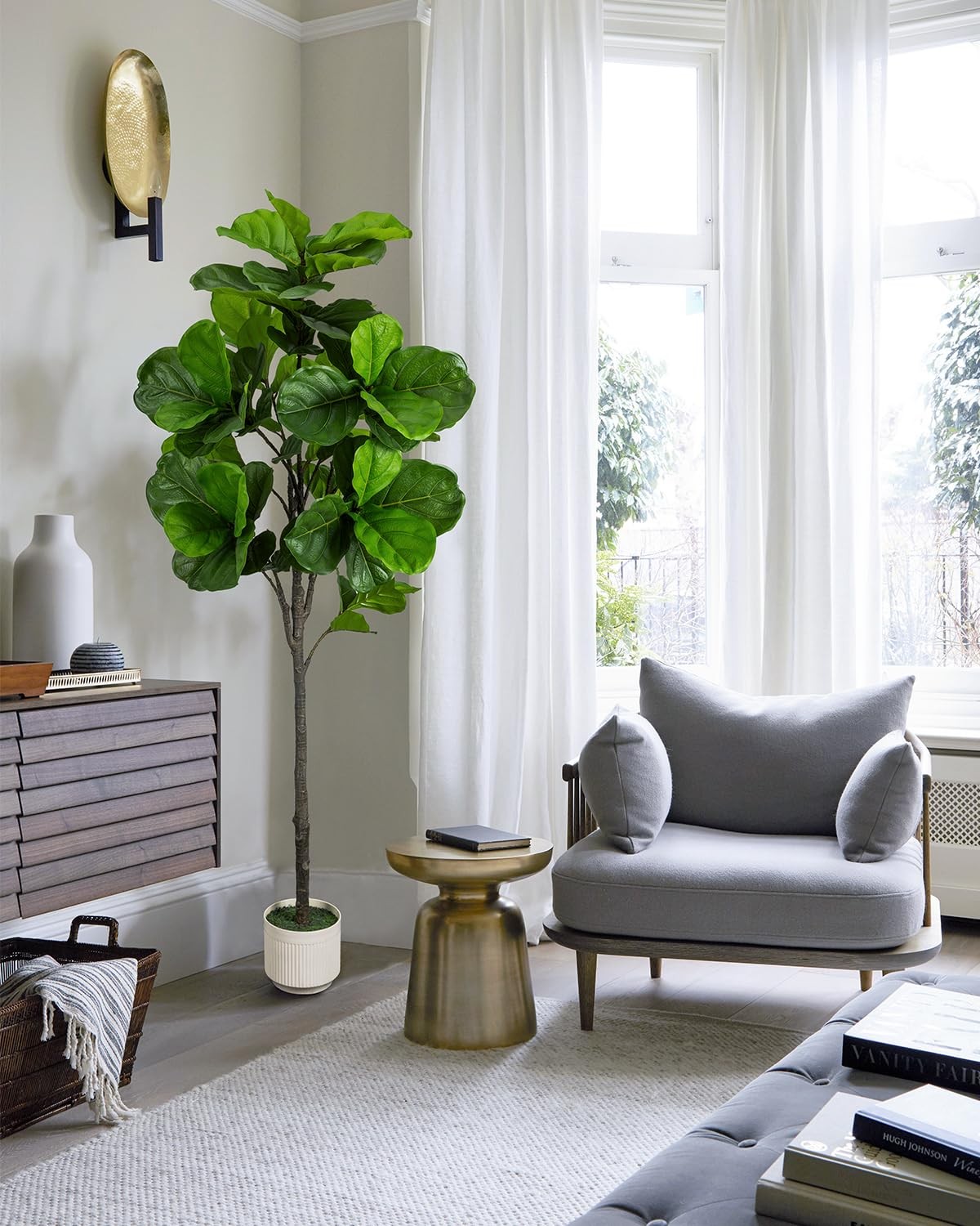 1 PCS Artificial Fiddle Leaf Fig Tree 6 ft Fake Faux Ficus White Planter Pot