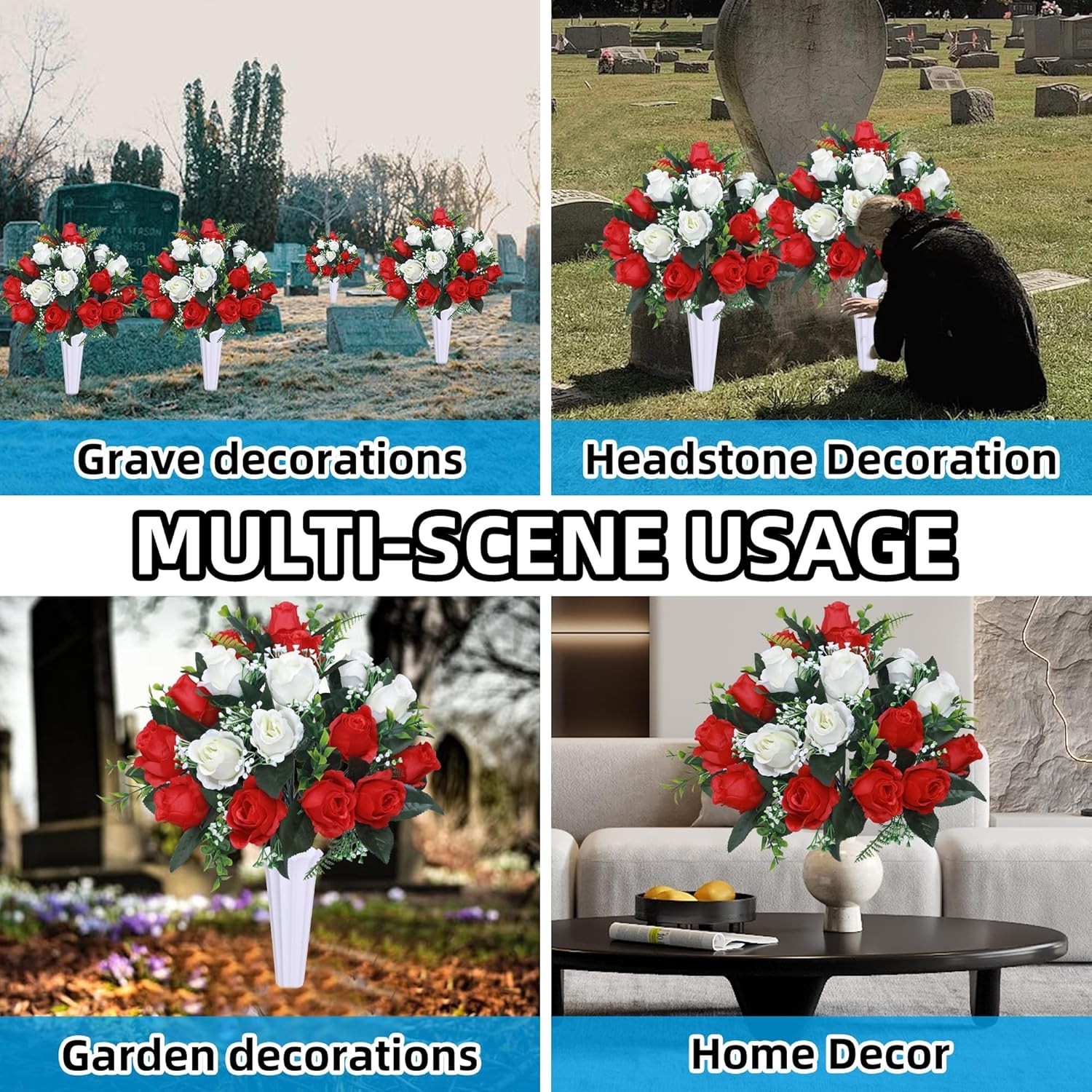Set of 2 Artificial Cemetery Flowers with Vase,Grave Memorial Flowers,Artificial