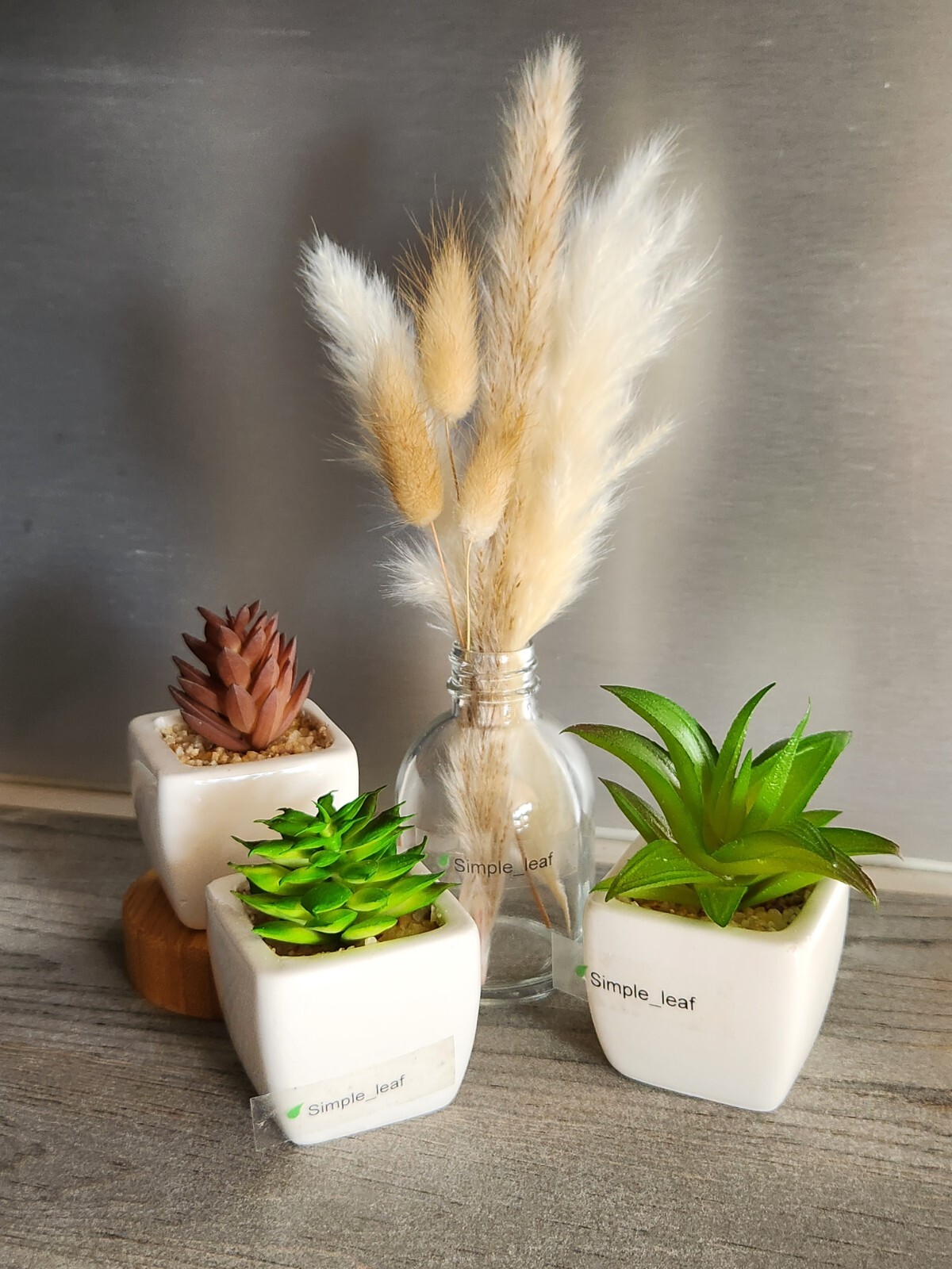 Decor Set – 3 Potted Artificial Succulent, Dried Grass Bouquet in Glass Bottle