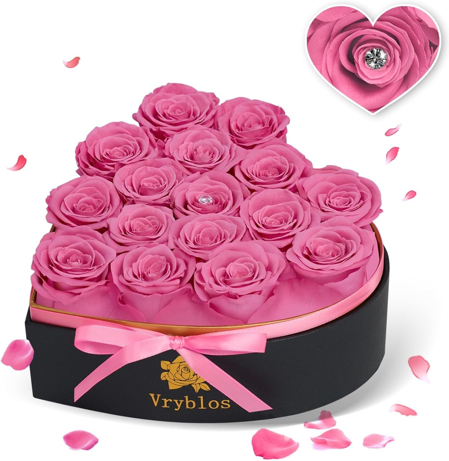 16 Pieces Forever Flower Heart Shape in a Box Preserved Pink Roses for Delivery