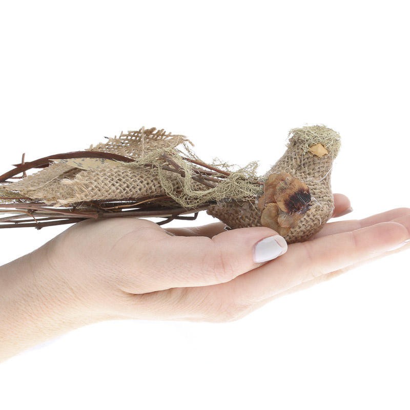 Set of 4 Natural Burlap Woodland Artificial 7-1/2″ Birds with Alligator Clips
