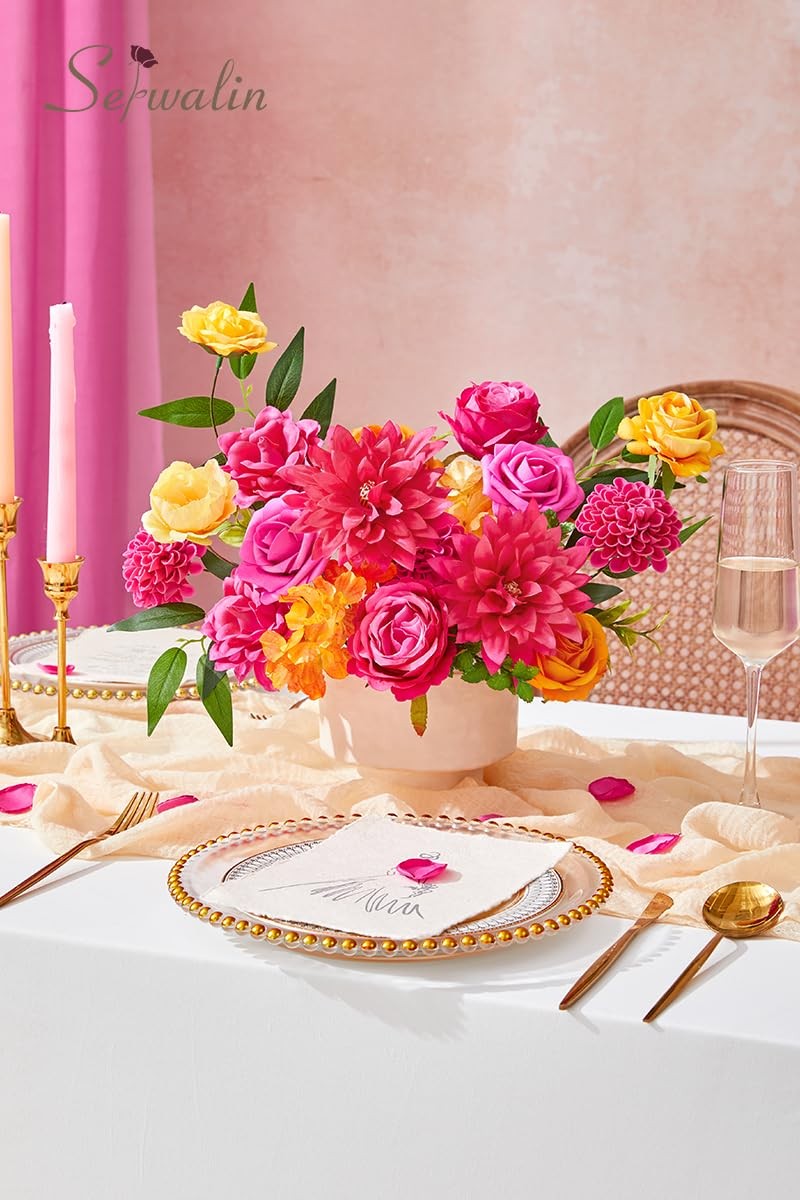 Hot Pink & Orange Artificial Silk Flowers Cake Table Centerpieces Bridal Decor