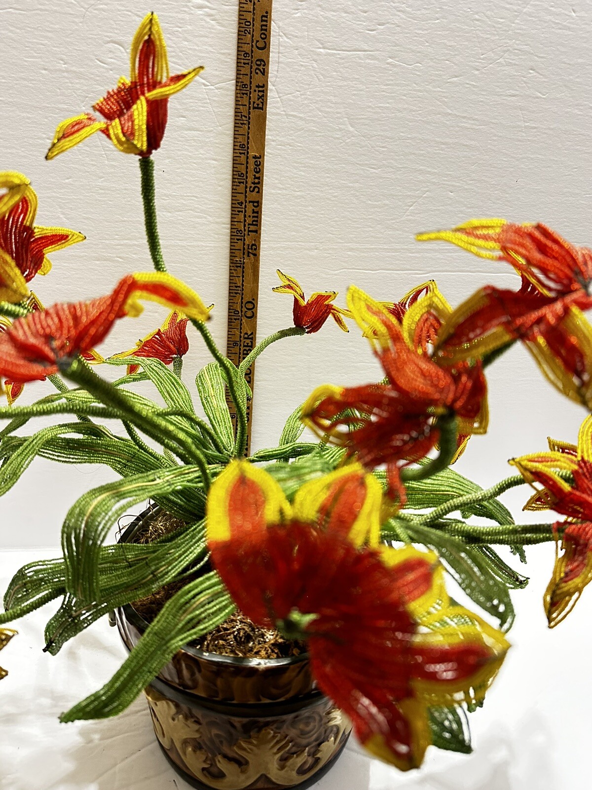 Vintage Beaded Red/yellow Orchid Flowers For Bonwit Teller Made In Italy