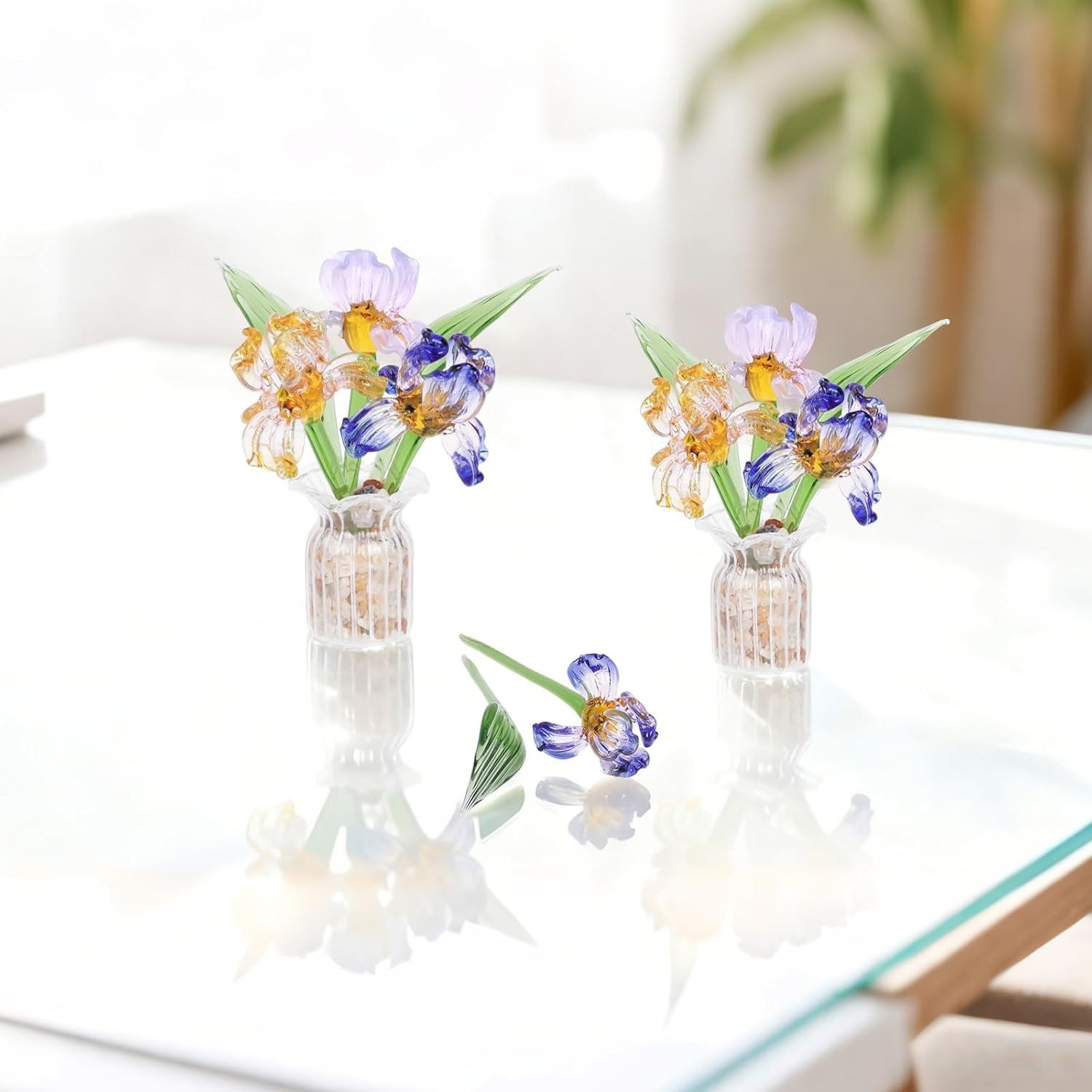 Colorful Handmade Mini Glass Flower Bouquets with Vase – Charming Centerpiece