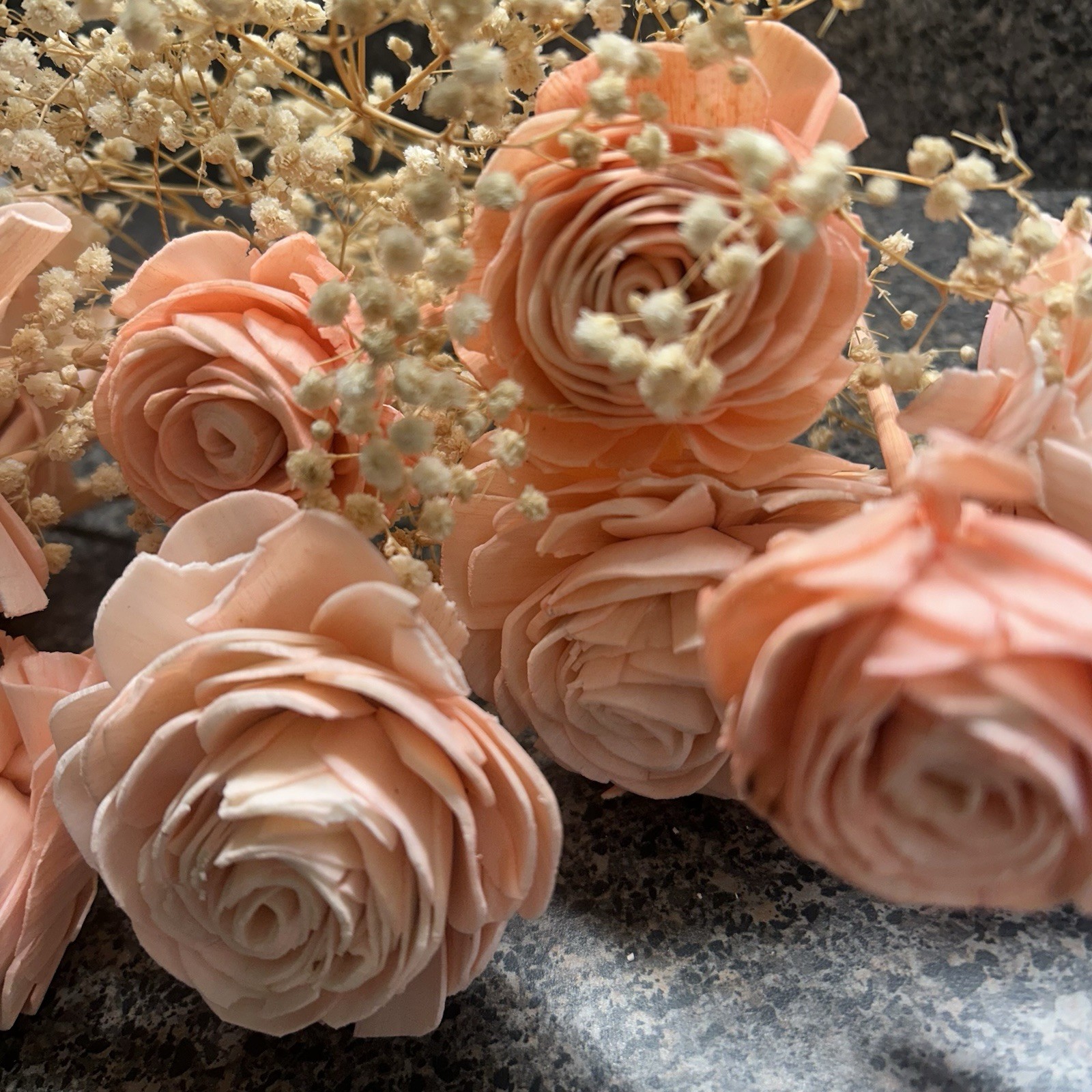One Dozen Peach Artificial Roses with Baby’s Breath and Wooden Stems