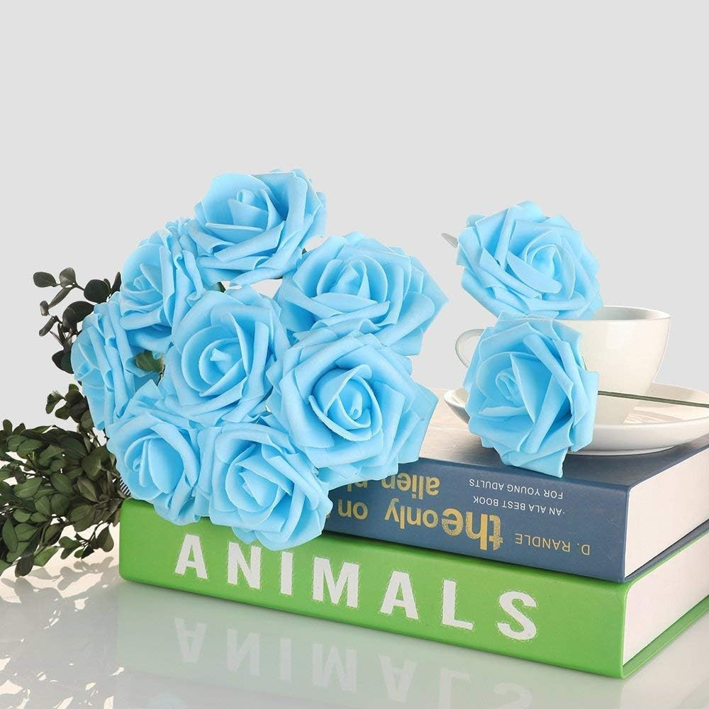 Artificial Flowers 25pcs Real Looking Blue Foam Fake Roses with Stems for DIY…