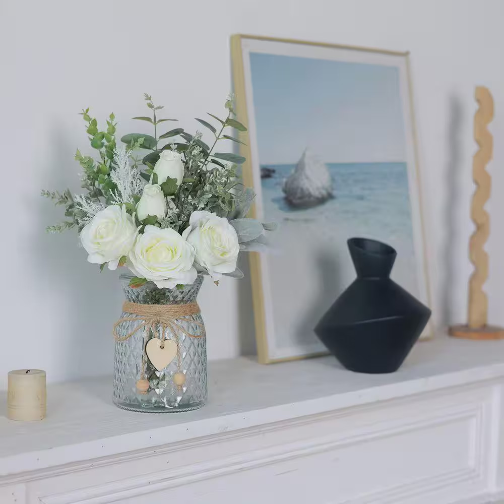 Faux Flowers with Vase 14.5 In. White Artificial Silk Roses Eucalyptus Flower Ar